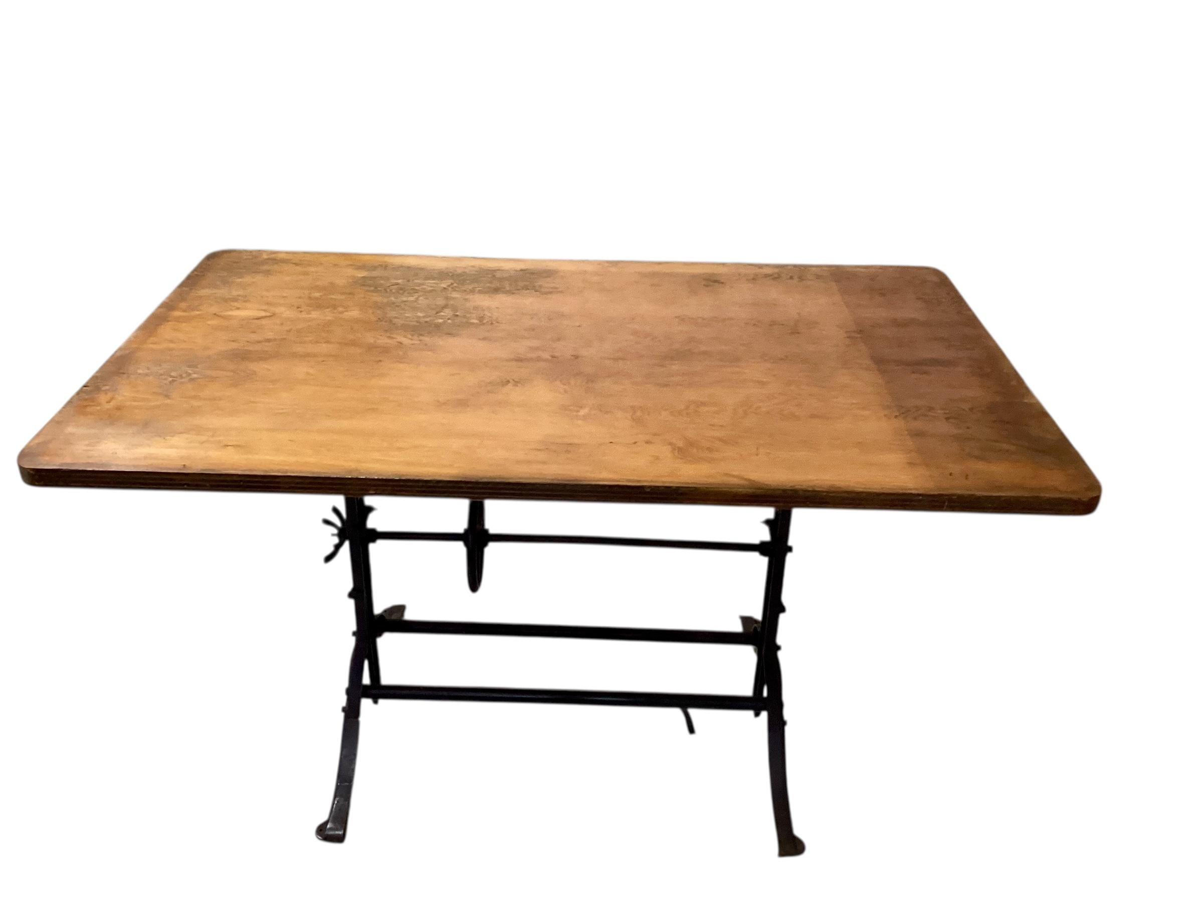 Adjustable Oak Drafting Table With Cast Iron Base. For Sale 1