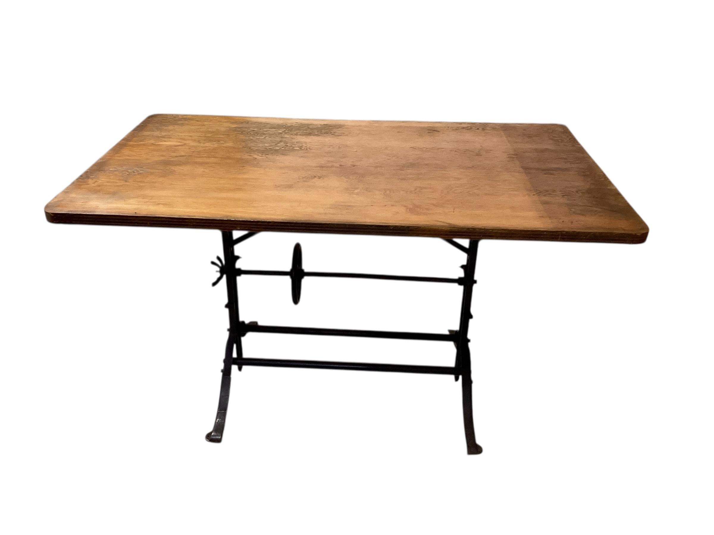 Adjustable Oak Drafting Table With Cast Iron Base. For Sale 2