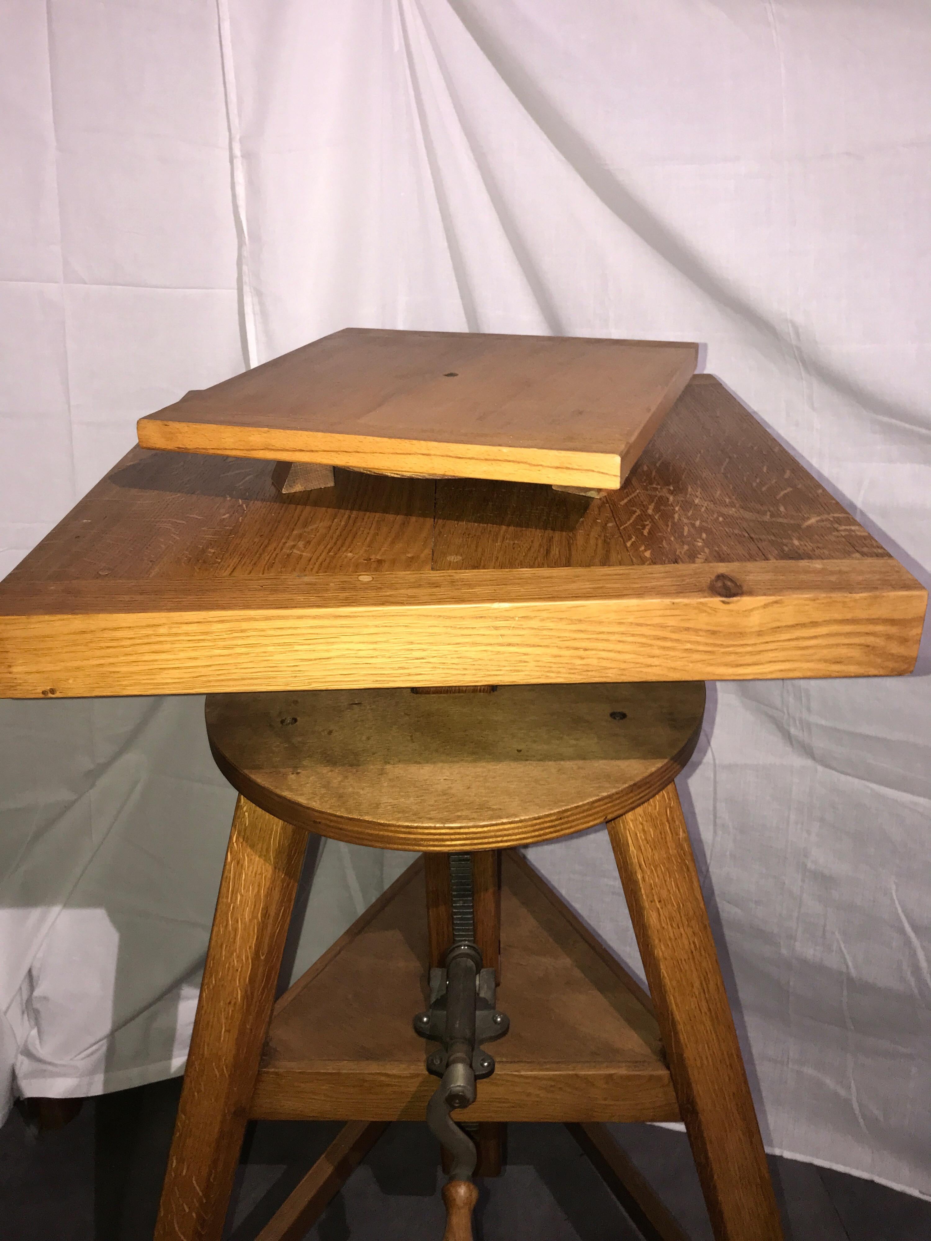 Adjustable Oak Sculptor Stand with Rotating Table, Two Accessories, French 1950 For Sale 3