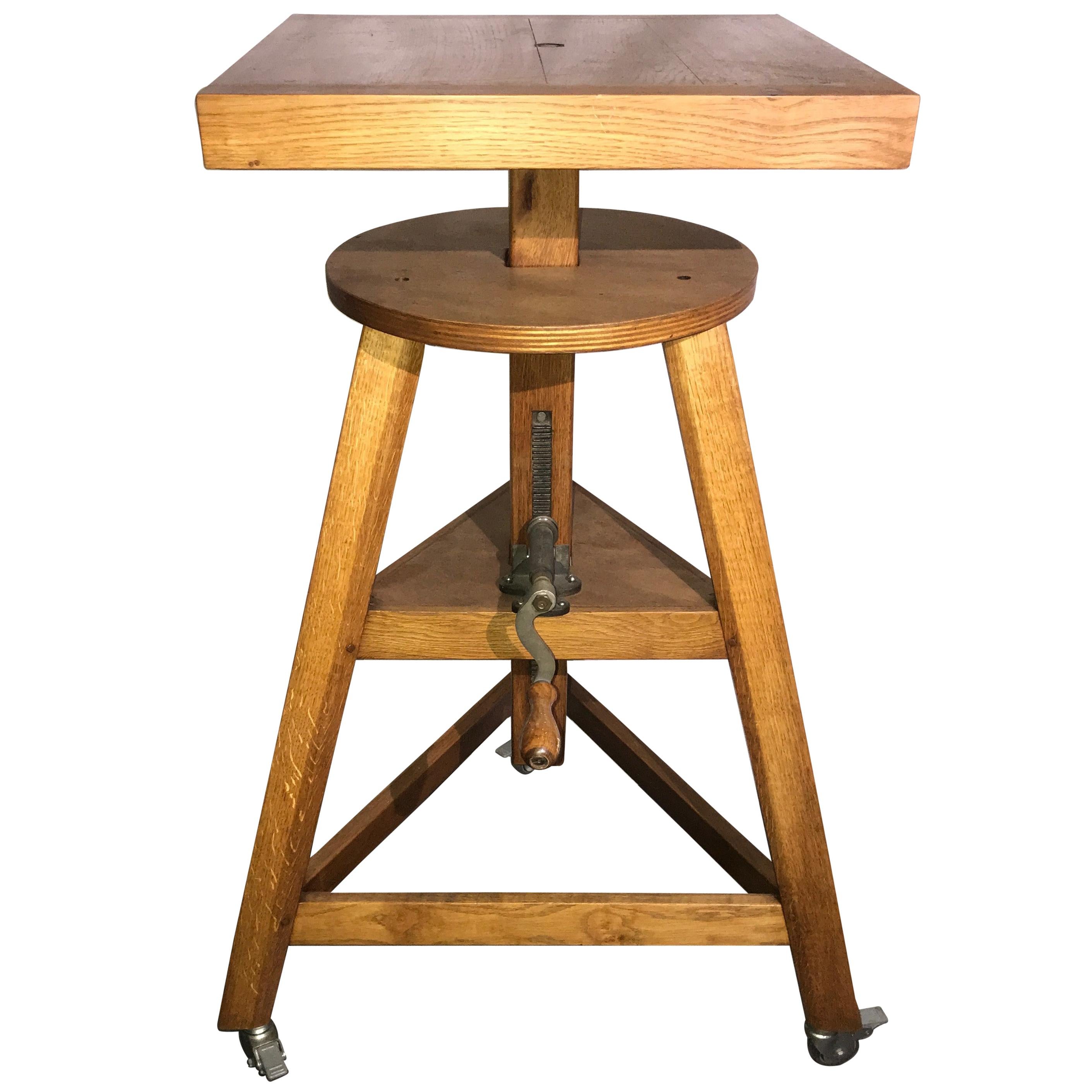 Adjustable Oak Sculptor Stand with Rotating Table, Two Accessories, French 1950 For Sale