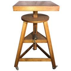 Adjustable Oak Sculptor Stand with Rotating Table, Two Accessories, French 1950