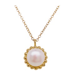 Collier de perles réglable serti d'un perle entourée de perles en or et d'une chaîne câble en or jaune
