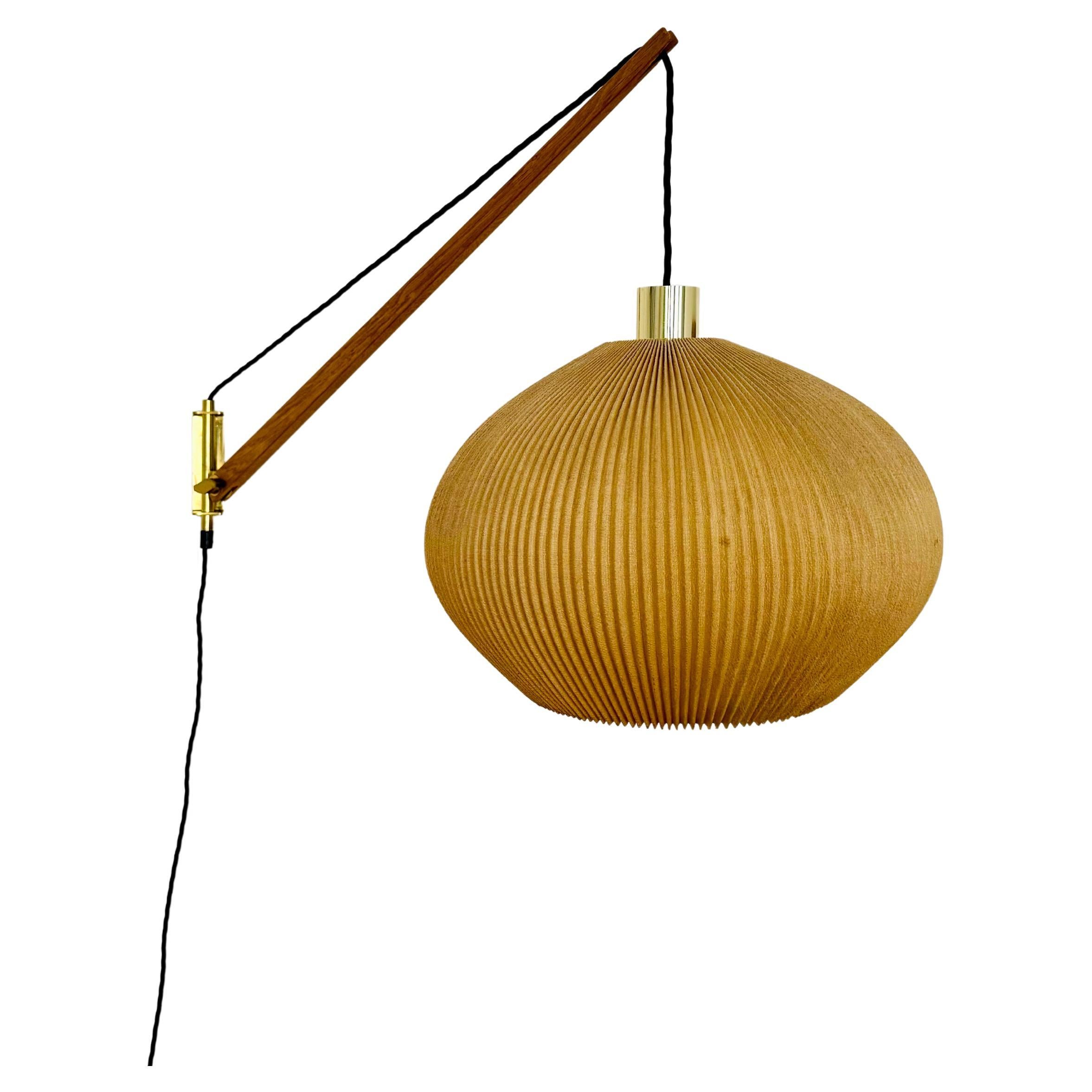 Adjustable Pleating, Brass and Oak Sconce For Sale