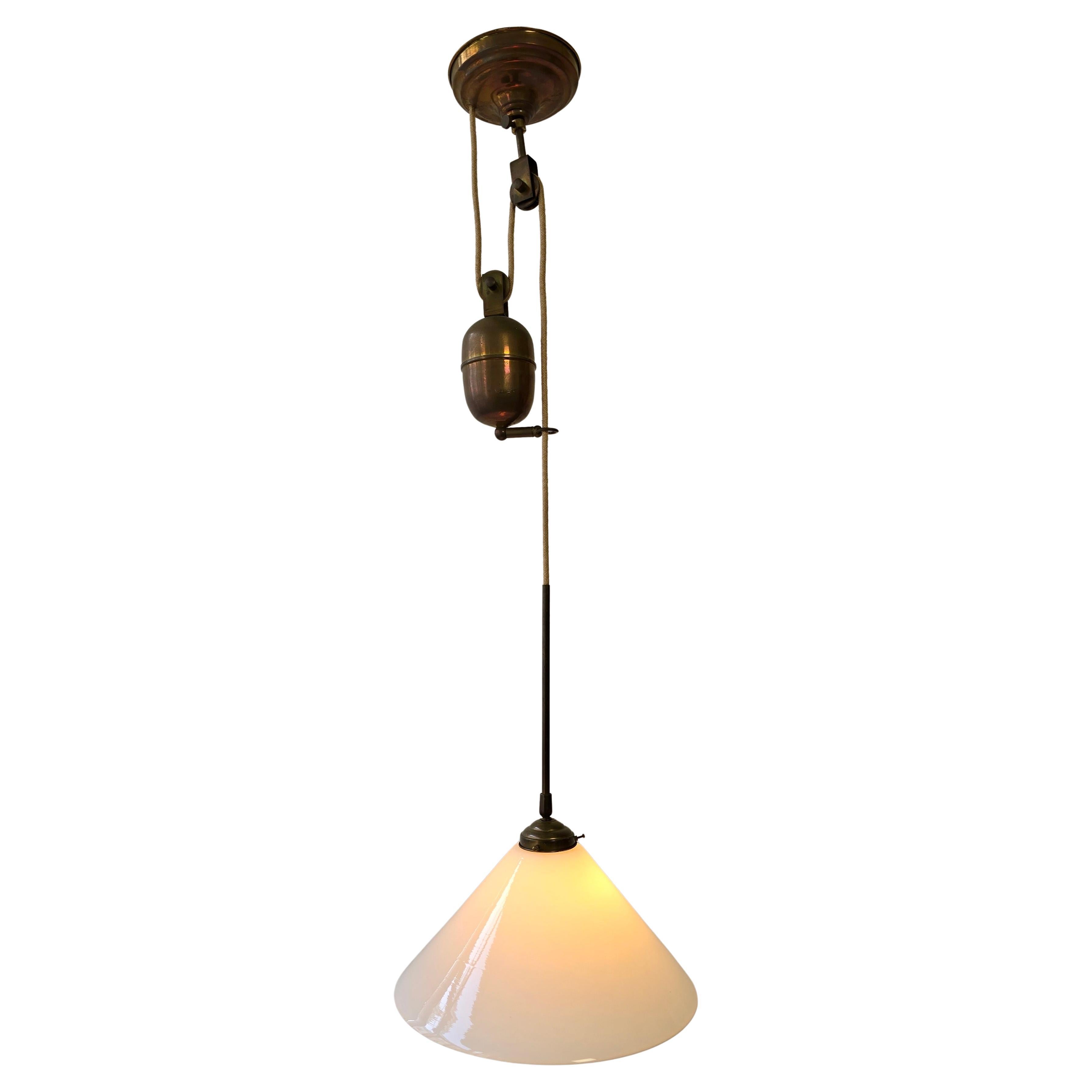 Adjustable Pulley Pendant Lamp in Copper and Opaline Glass, 1920s (Niederländisch) im Angebot