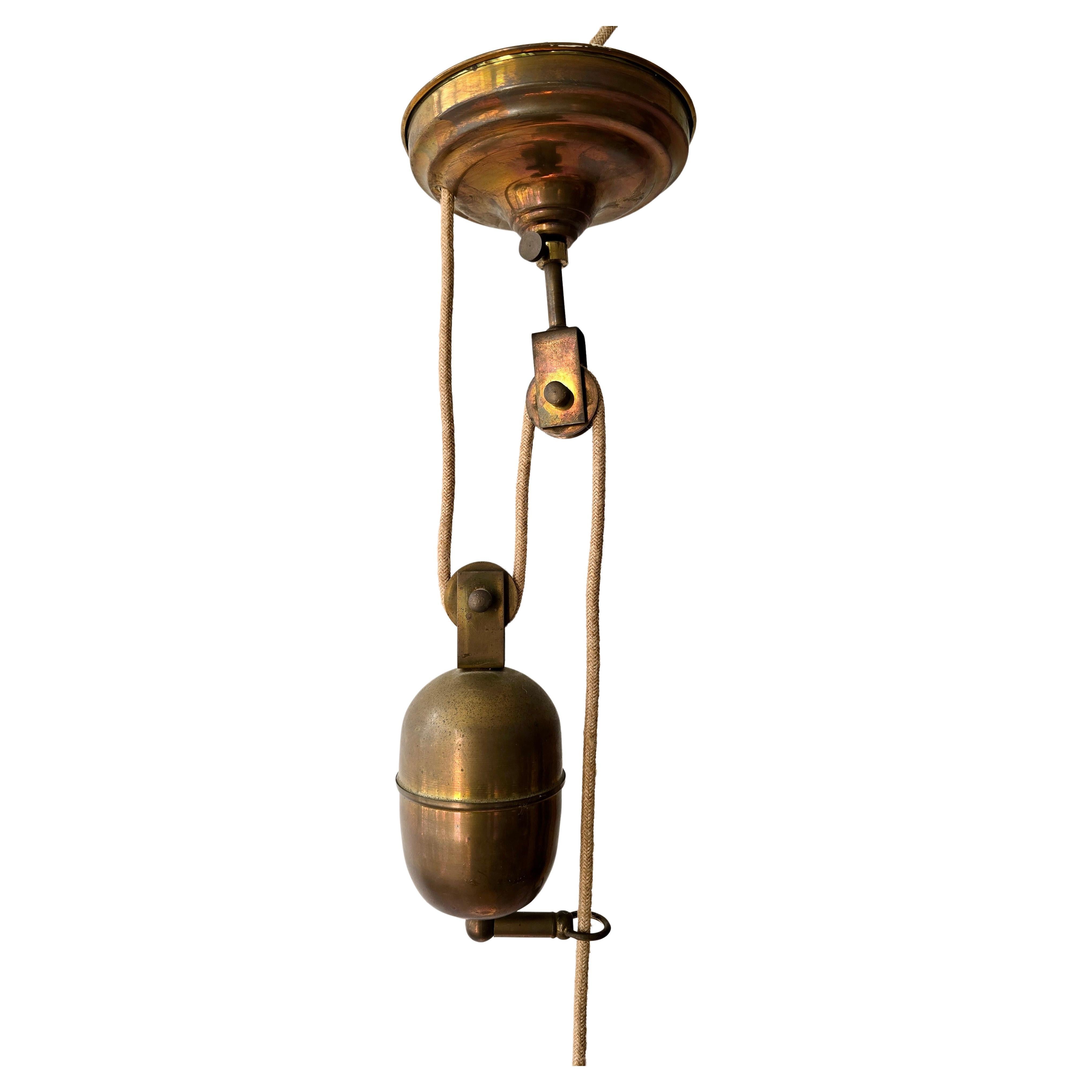 Adjustable Pulley Pendant Lamp in Copper and Opaline Glass, 1920s (Kupfer) im Angebot