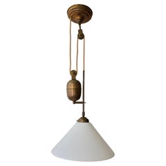 Adjustable Pulley Pendant Lamp in Copper and Opaline Glass, 1920s