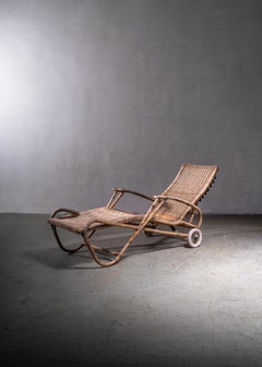 Adjustable Rattan Garden Chaise with Wheels, Germany, 1930s