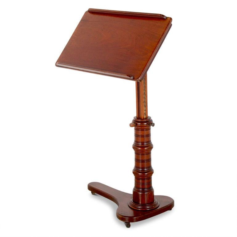 An English mahogany adjustable reading stand – the reading surface tilts and is adjustable up and down with a ratchet mechanism. It retains the original maker’s label, ‘C. Fowle of London’, circa 1880.

Measures: 28.5? Wide x 16? Deep x 25?- 40?