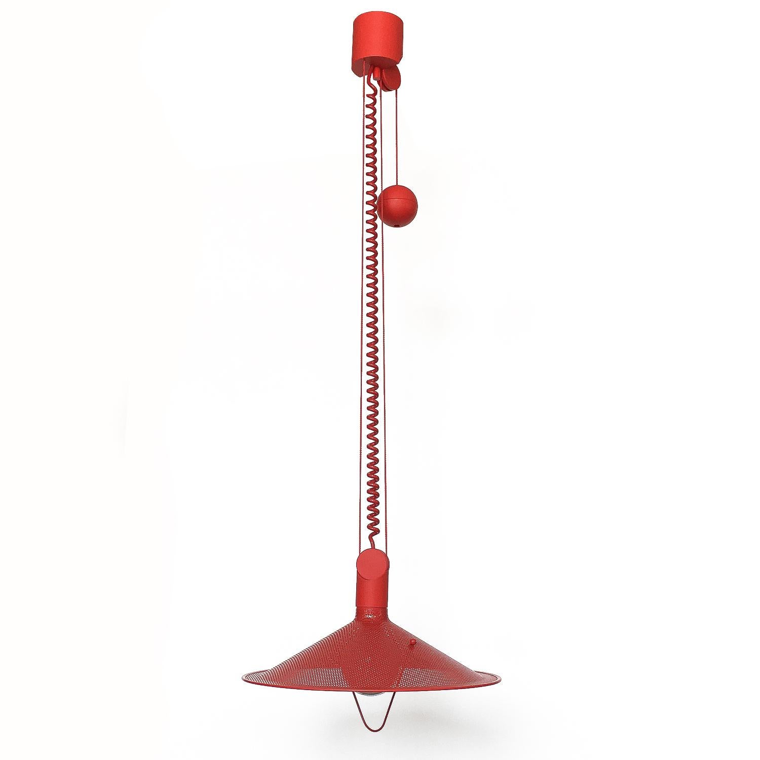 German Adjustable Red Enameled Perforated Postmodern Pendant Fixture