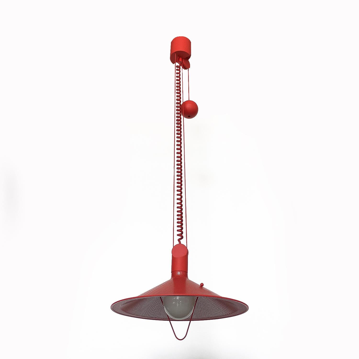 Adjustable Red Enameled Perforated Postmodern Pendant Fixture In Excellent Condition In Chicago, IL