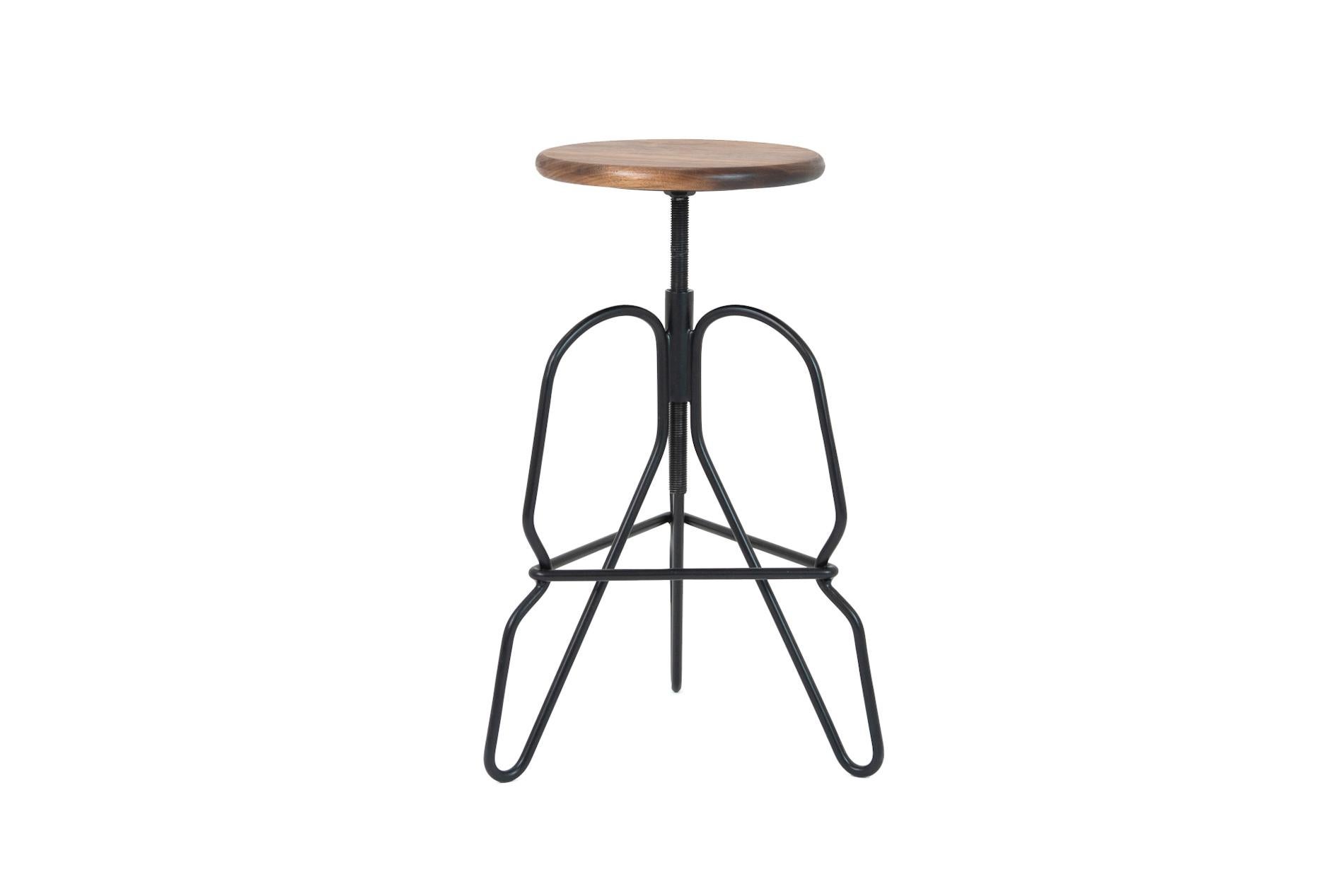 Minimalist Adjustable Rig Stool in Solid Black Walnut Wood and Hand Bent Steel