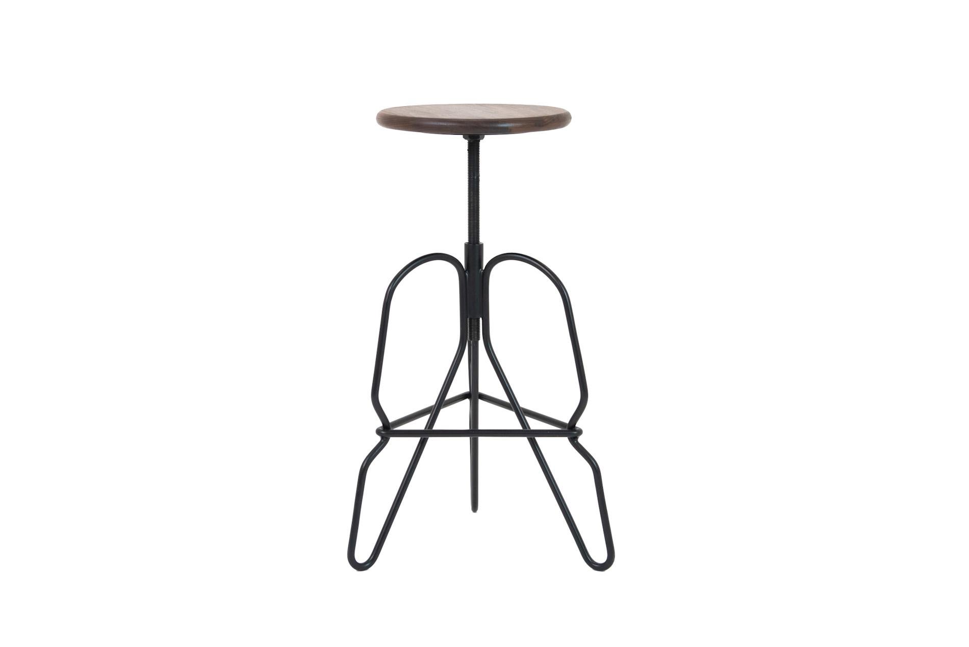 Powder-Coated Adjustable Rig Stool in Solid Black Walnut Wood and Hand Bent Steel