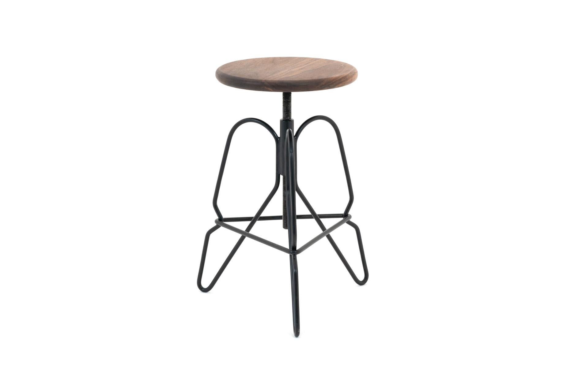 Contemporary Adjustable Rig Stool in Solid Black Walnut Wood and Hand Bent Steel