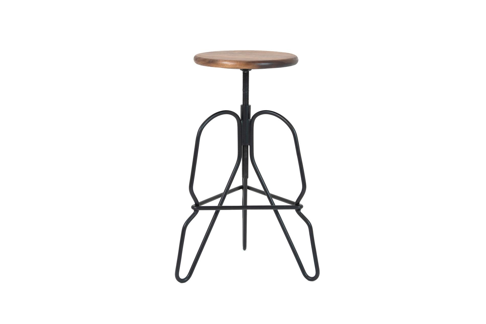 Minimalist Adjustable Rig Stool in Solid Black Walnut Wood and Hand Bent Steel 'M' For Sale