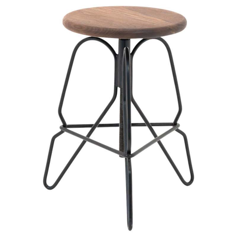 Adjustable Rig Stool in Solid Black Walnut Wood and Hand Bent Steel, 'S ...