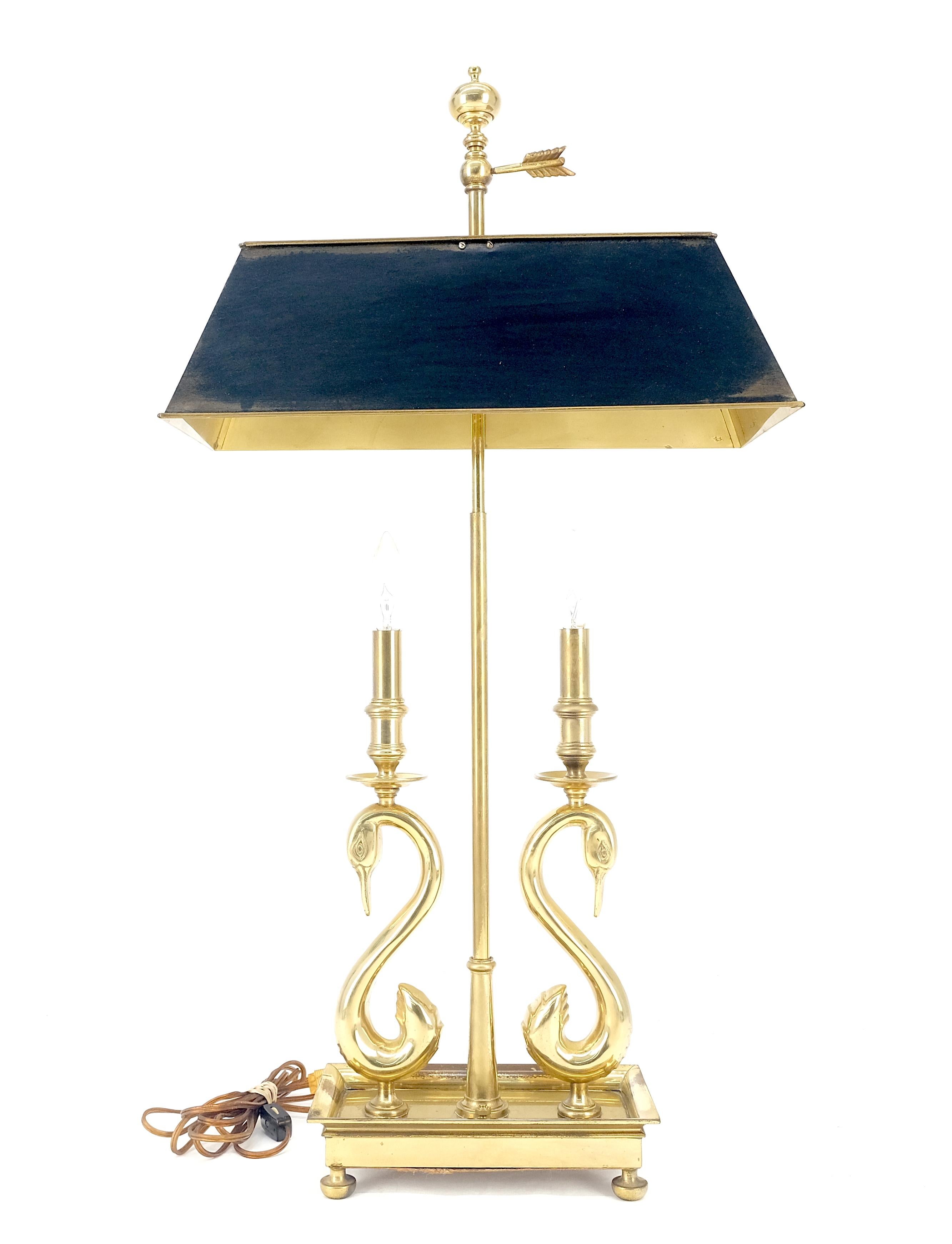 20th Century Adjustable Shade Swans Lire Looking Base Heavy Solid Brass Base Table Lamp MINT! For Sale