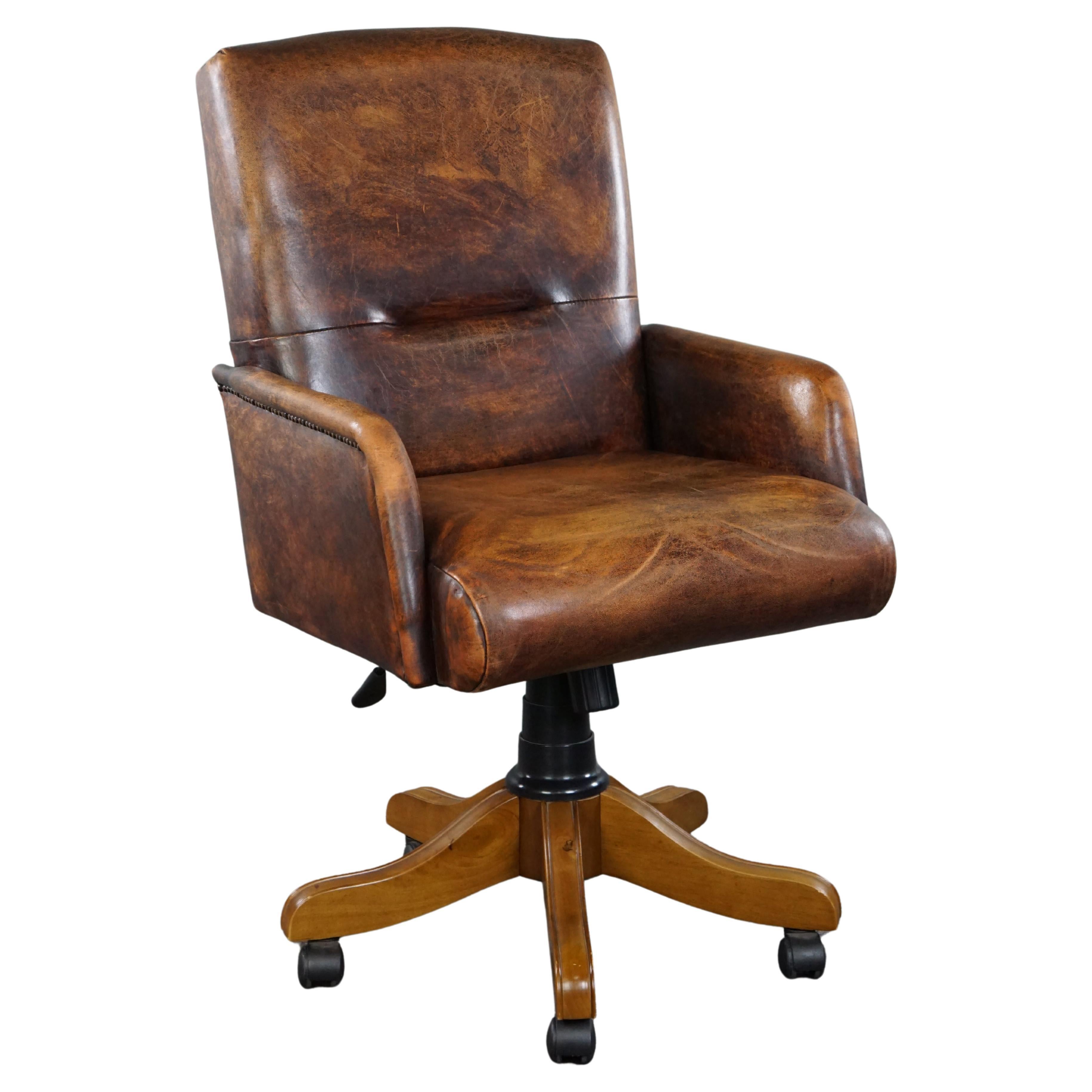 Adjustable sheepskin leather office chair in good condition, English style For Sale