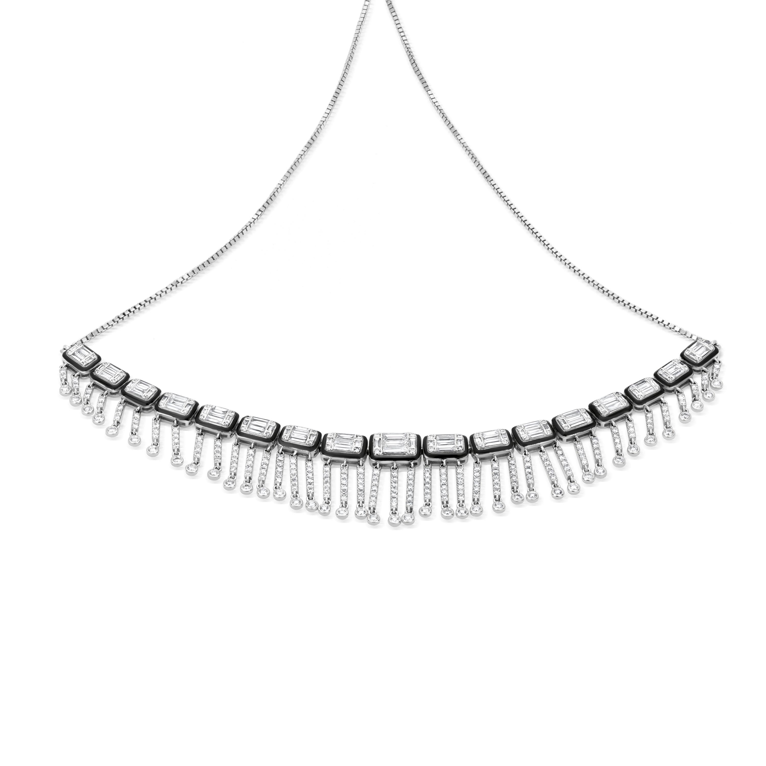 Baguette Cut Adjustable Sliding Necklace with Diamond and Enamel in 18K White Gold