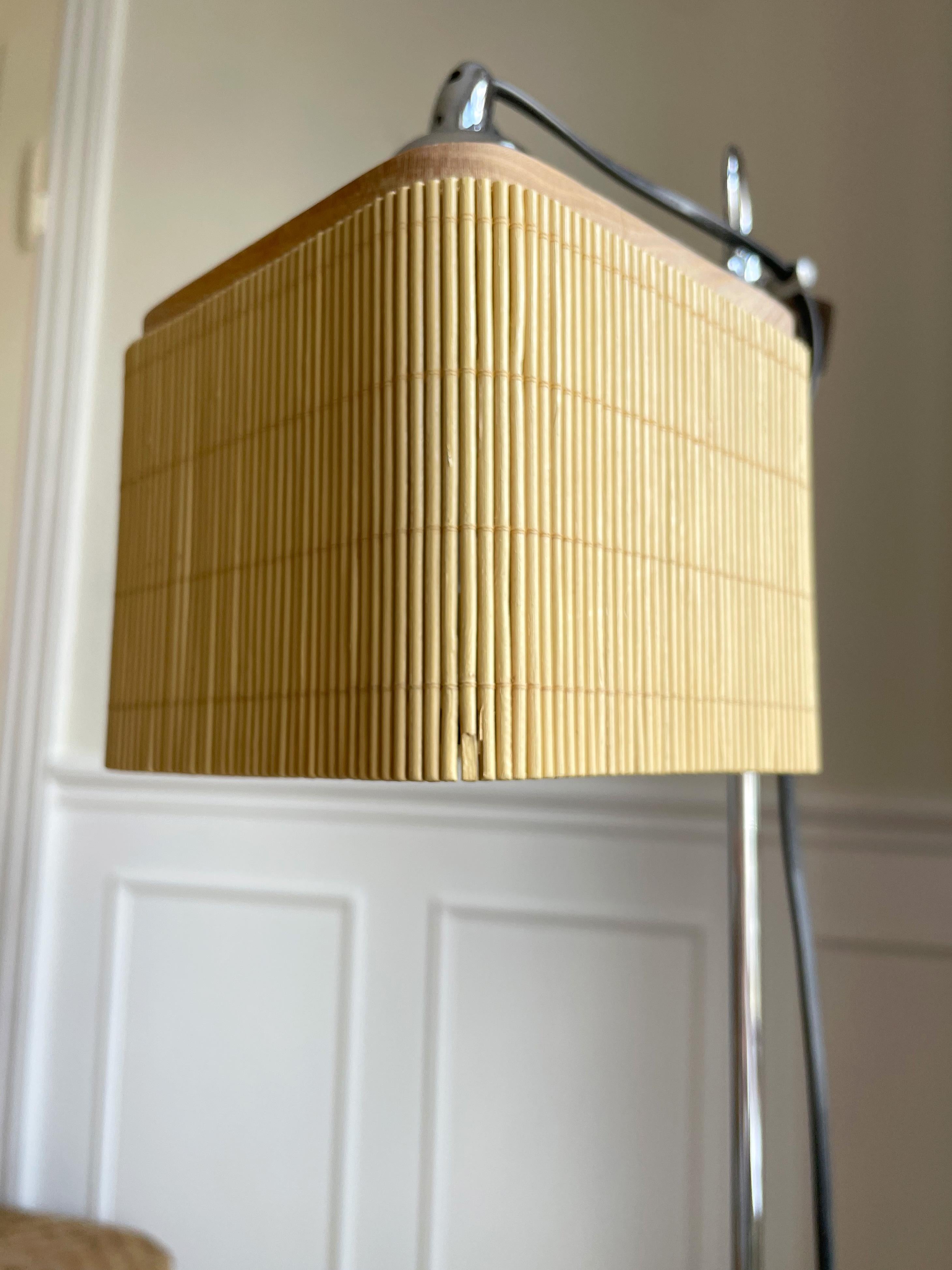 Adjustable Spanish Modernist Floor Lamp, Chrome, Wood, Rattan, 2010s For Sale 6