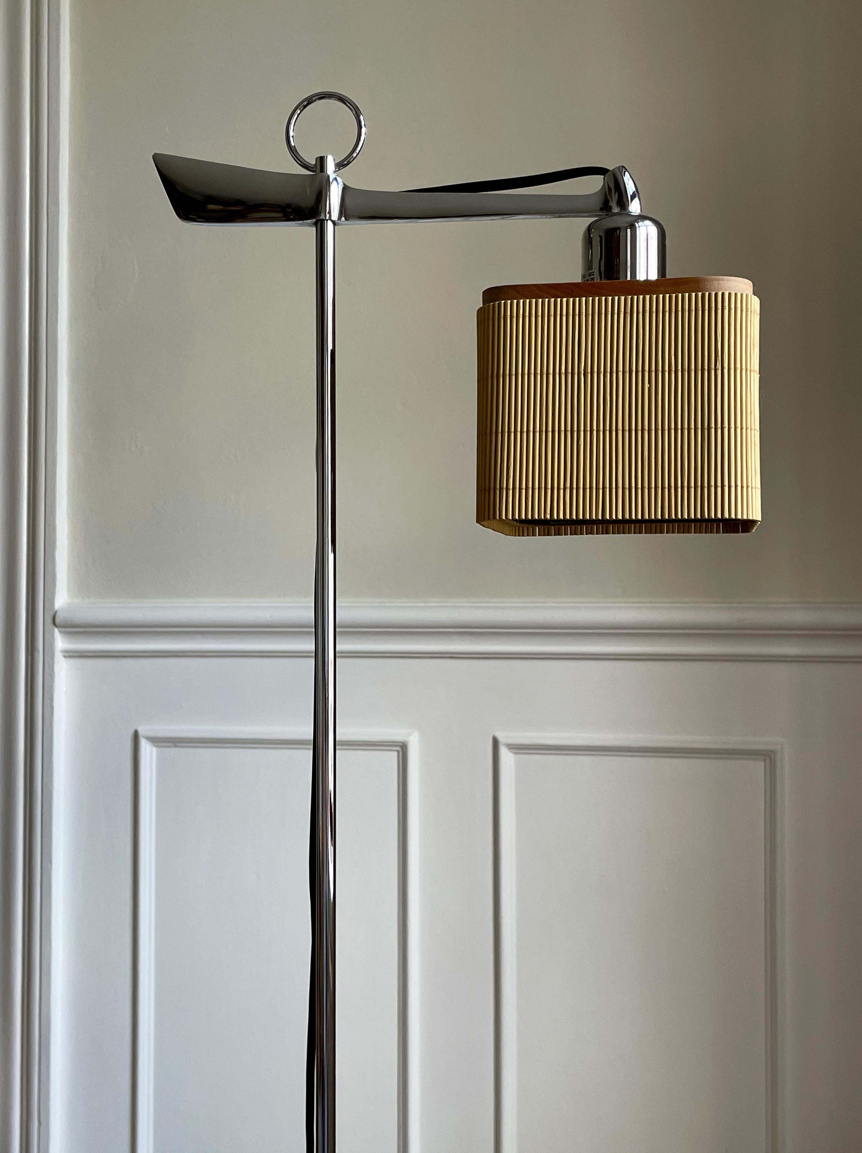 Post-Modern Adjustable Spanish Modernist Floor Lamp, Chrome, Wood, Rattan, 2010s For Sale