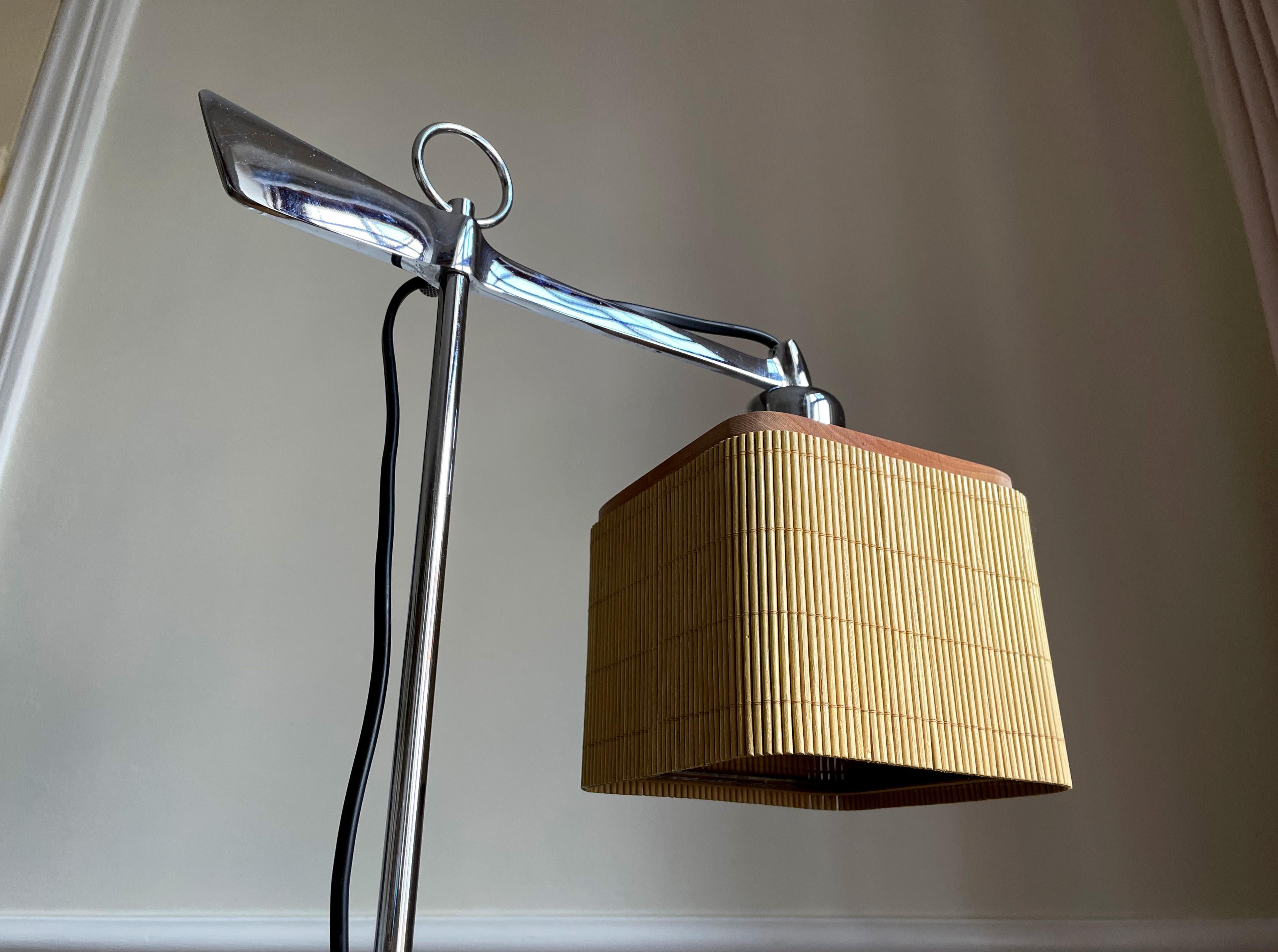 Contemporary Adjustable Spanish Modernist Floor Lamp, Chrome, Wood, Rattan, 2010s For Sale