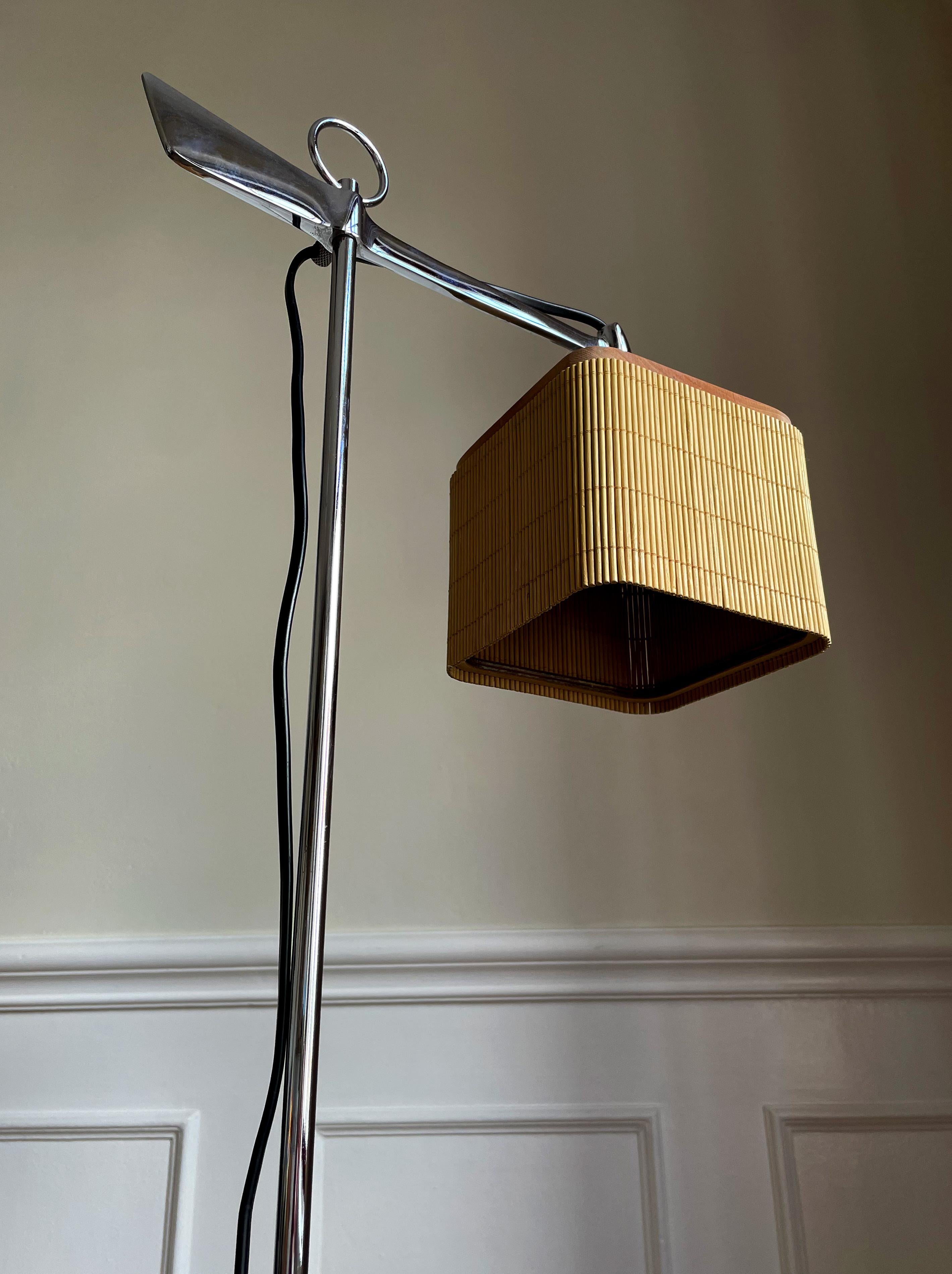 Metal Adjustable Spanish Modernist Floor Lamp, Chrome, Wood, Rattan, 2010s For Sale