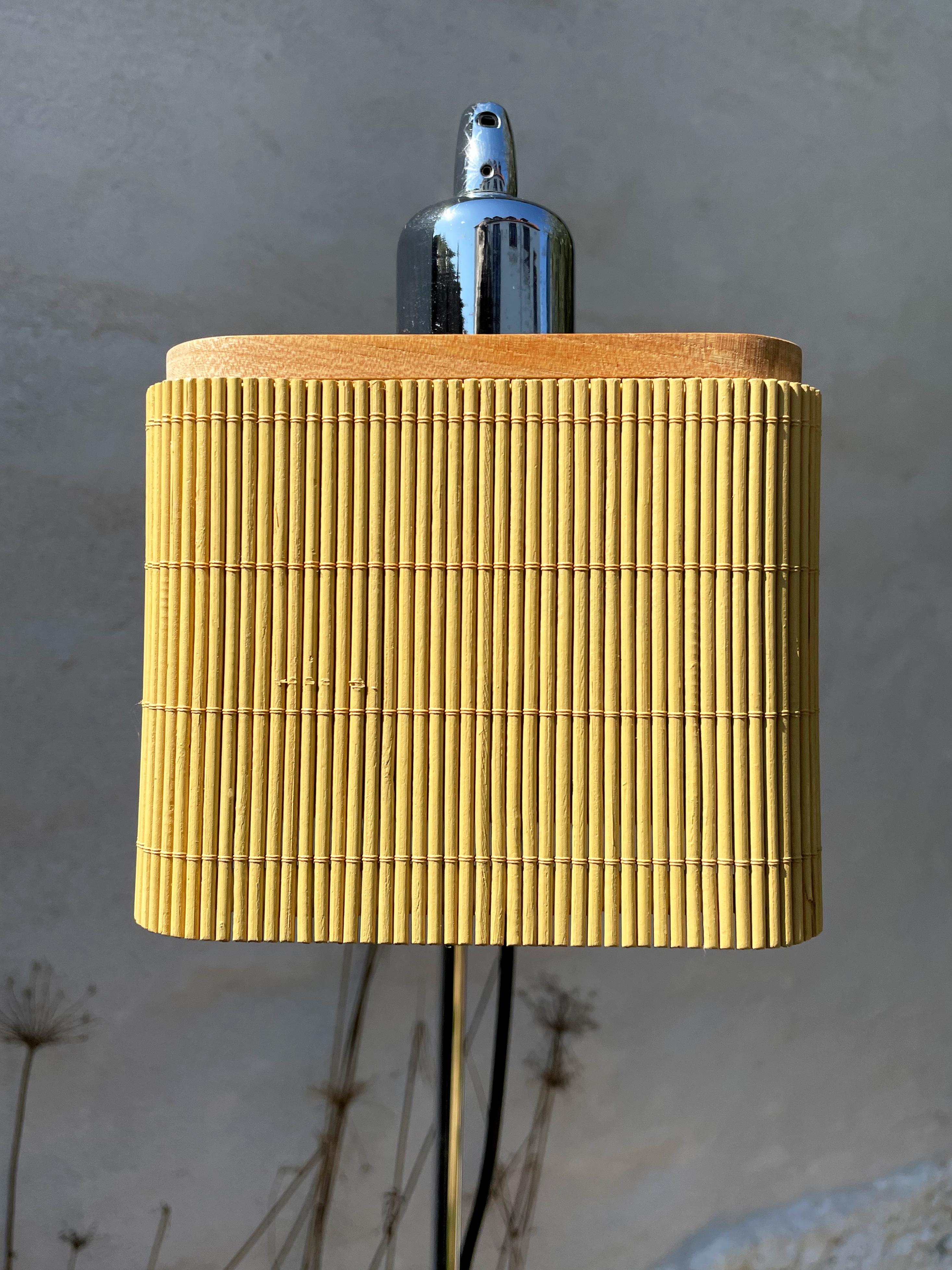 Adjustable Spanish Modernist Floor Lamp, Chrome, Wood, Rattan, 2010s For Sale 3