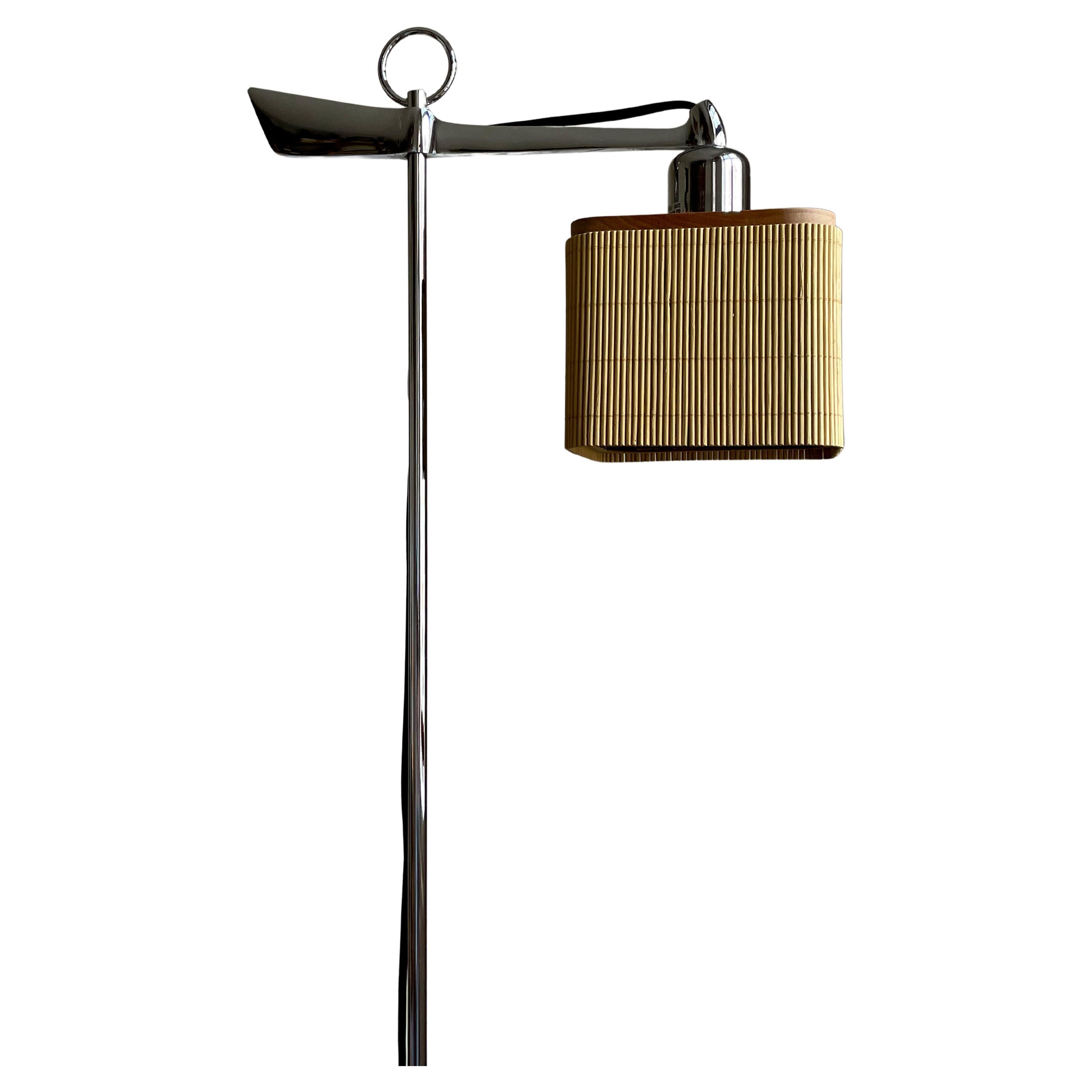 Adjustable Spanish Modernist Floor Lamp, Chrome, Wood, Rattan, 2010s For Sale