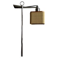 Adjustable Spanish Modernist Floor Lamp, Chrome, Wood, Rattan, 2010s