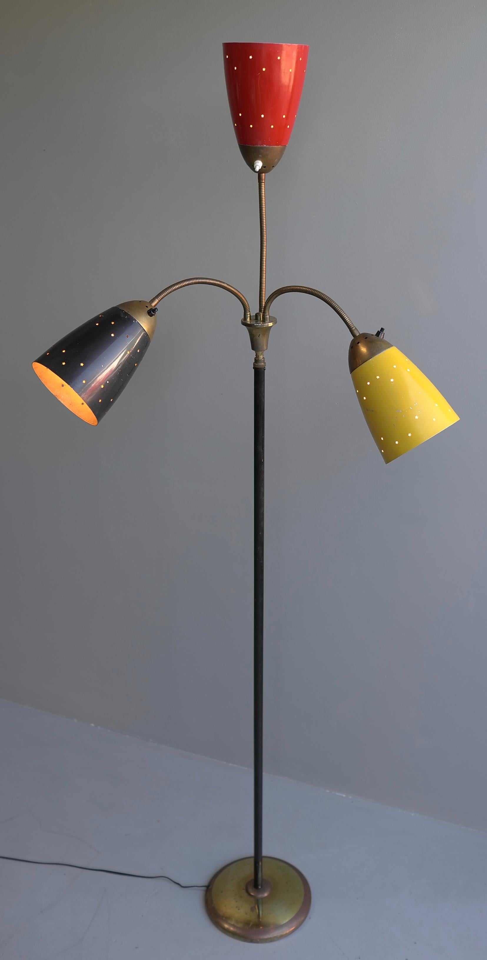 Adjustable Italian Floor Lamp with Three Colored Shades, 1950s 2