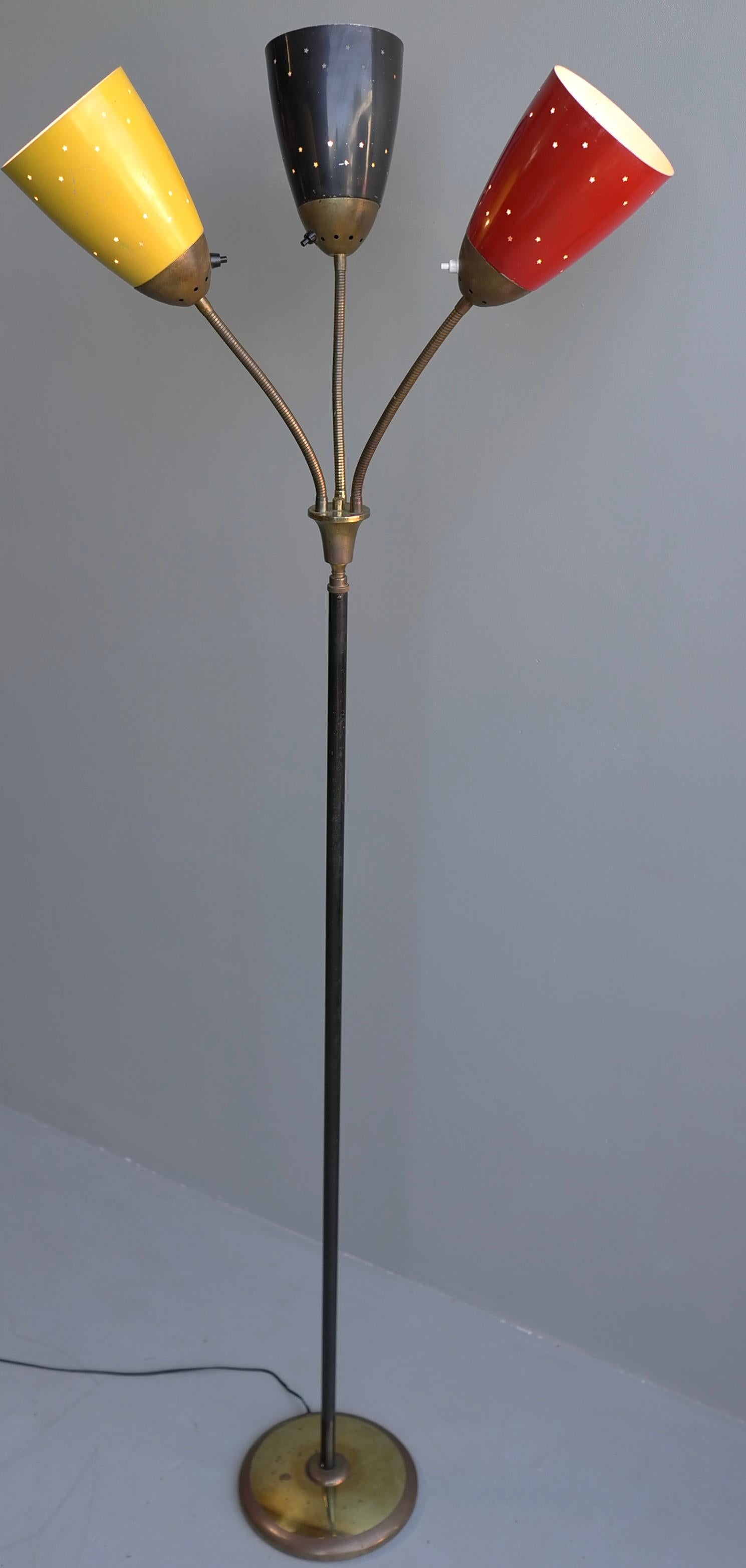 Adjustable floor lamp with three colored shades, Italy, 1950s. Most probably manufactured by Stilnovo or Stilux.