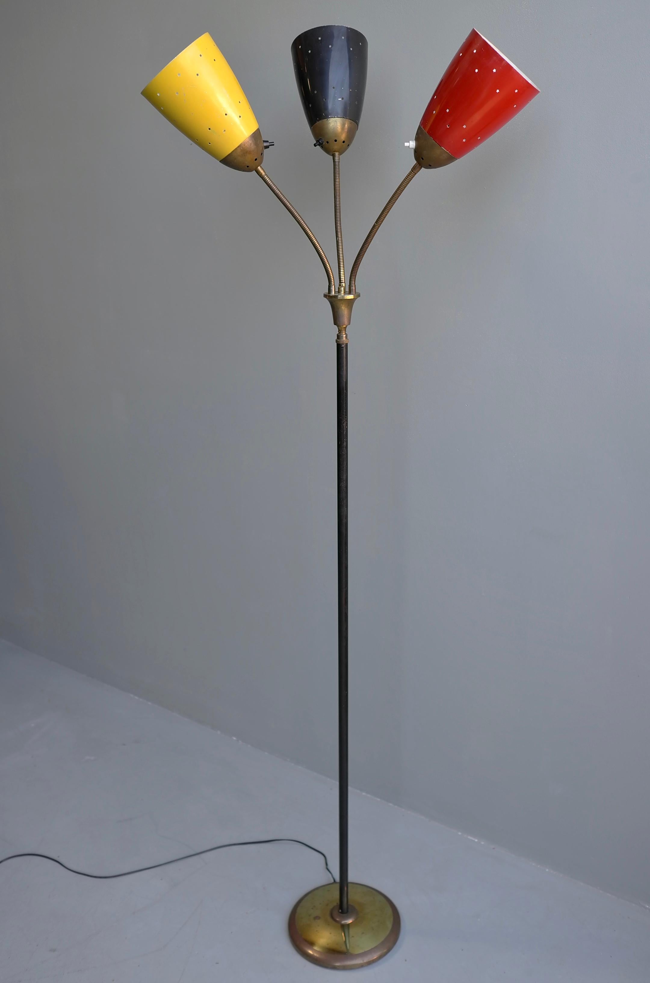 Metal Adjustable Italian Floor Lamp with Three Colored Shades, 1950s