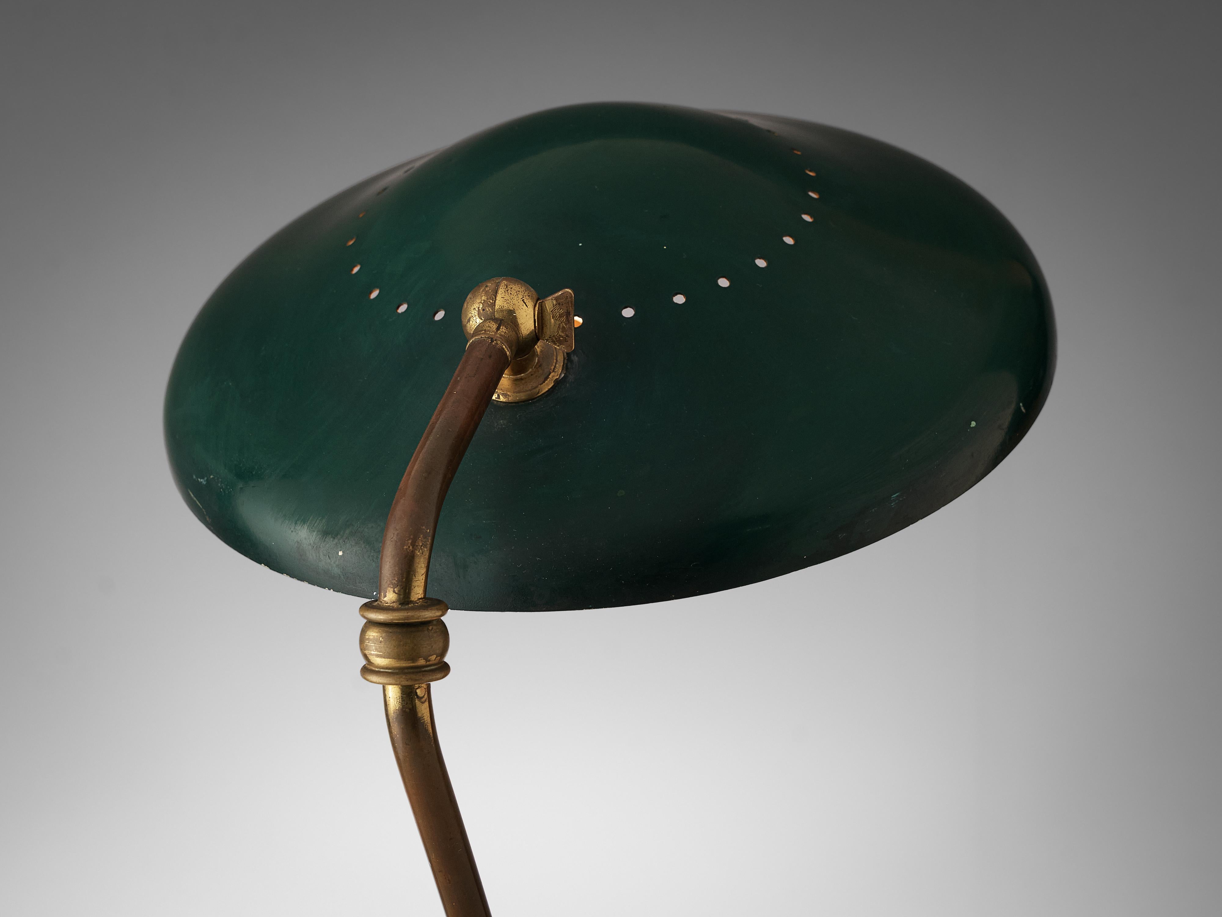 Mid-Century Modern Adjustable Table Lamp in Patinated Brass and Green Metal