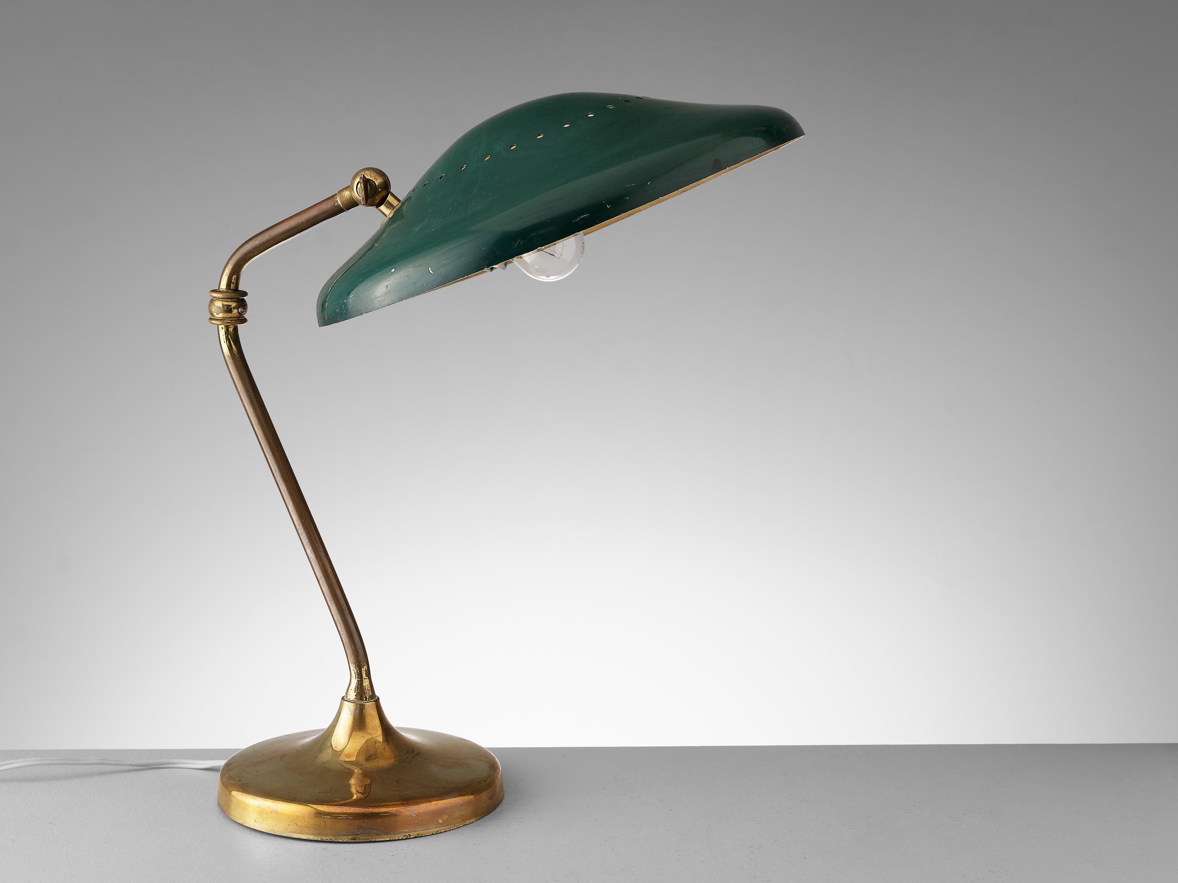 European Adjustable Table Lamp in Patinated Brass and Green Metal