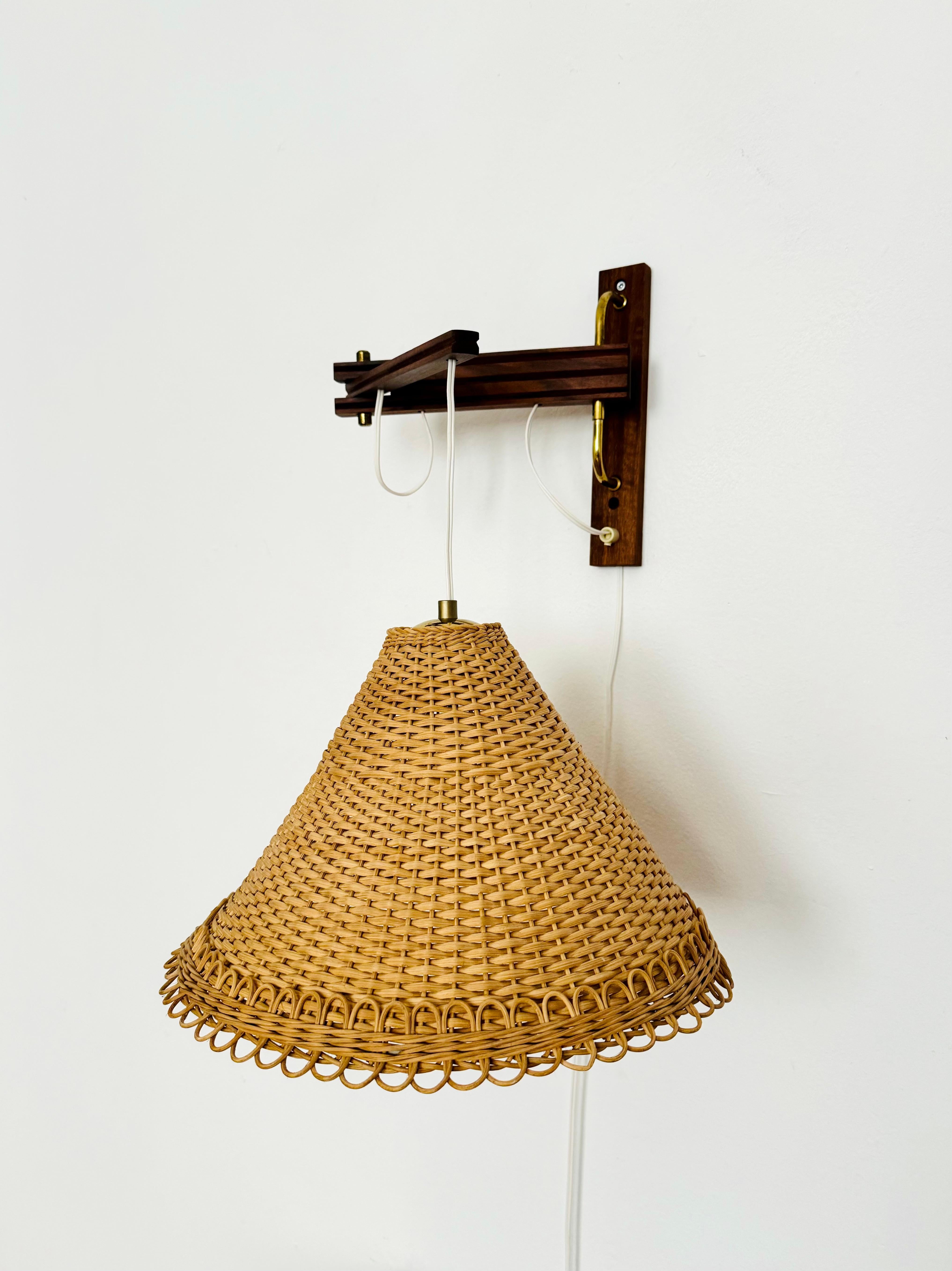 Scandinavian Modern Adjustable Teak and Wicker Wall Lamp For Sale