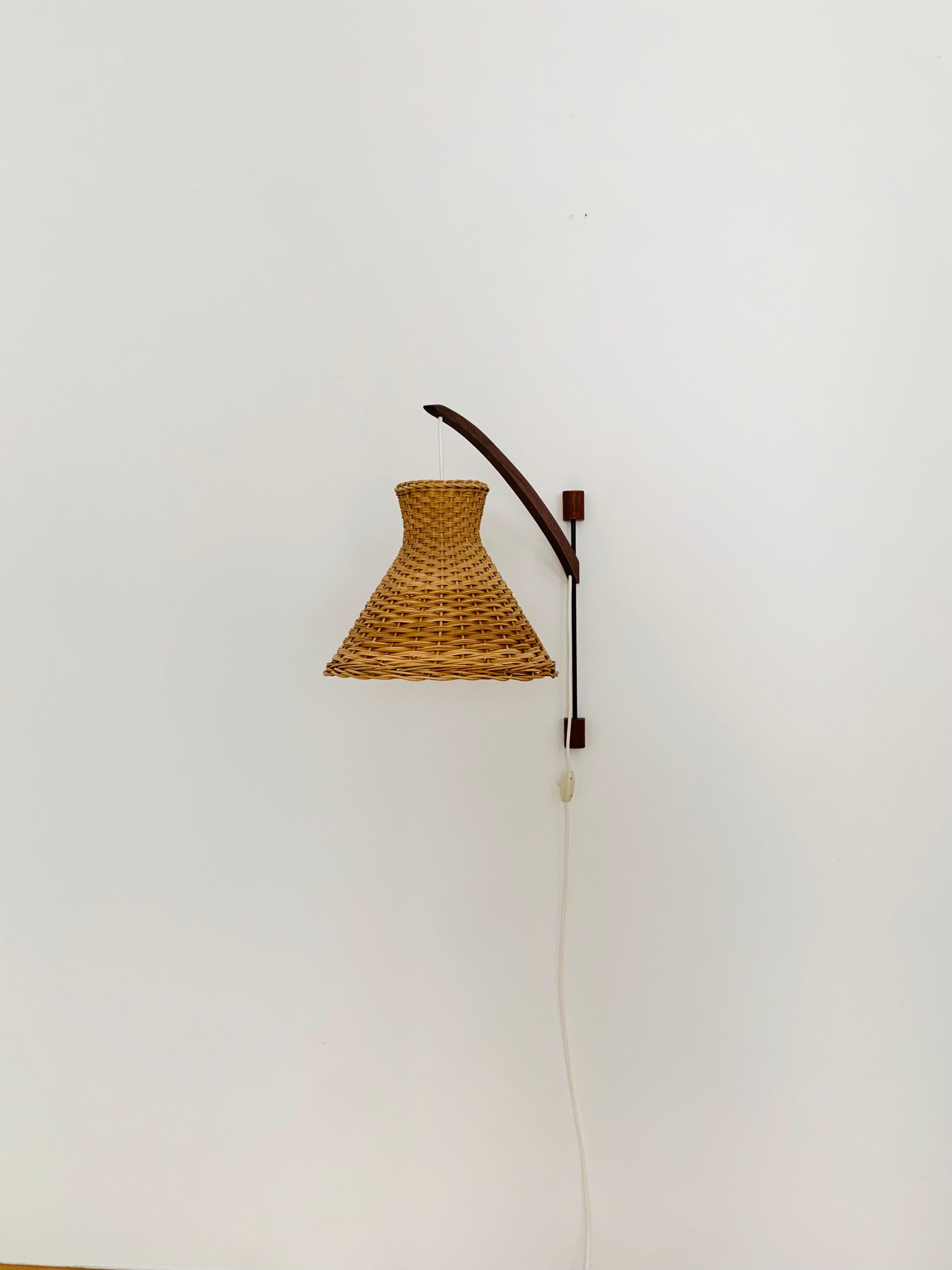 Danish Adjustable Teak and Wicker Wall Lamp