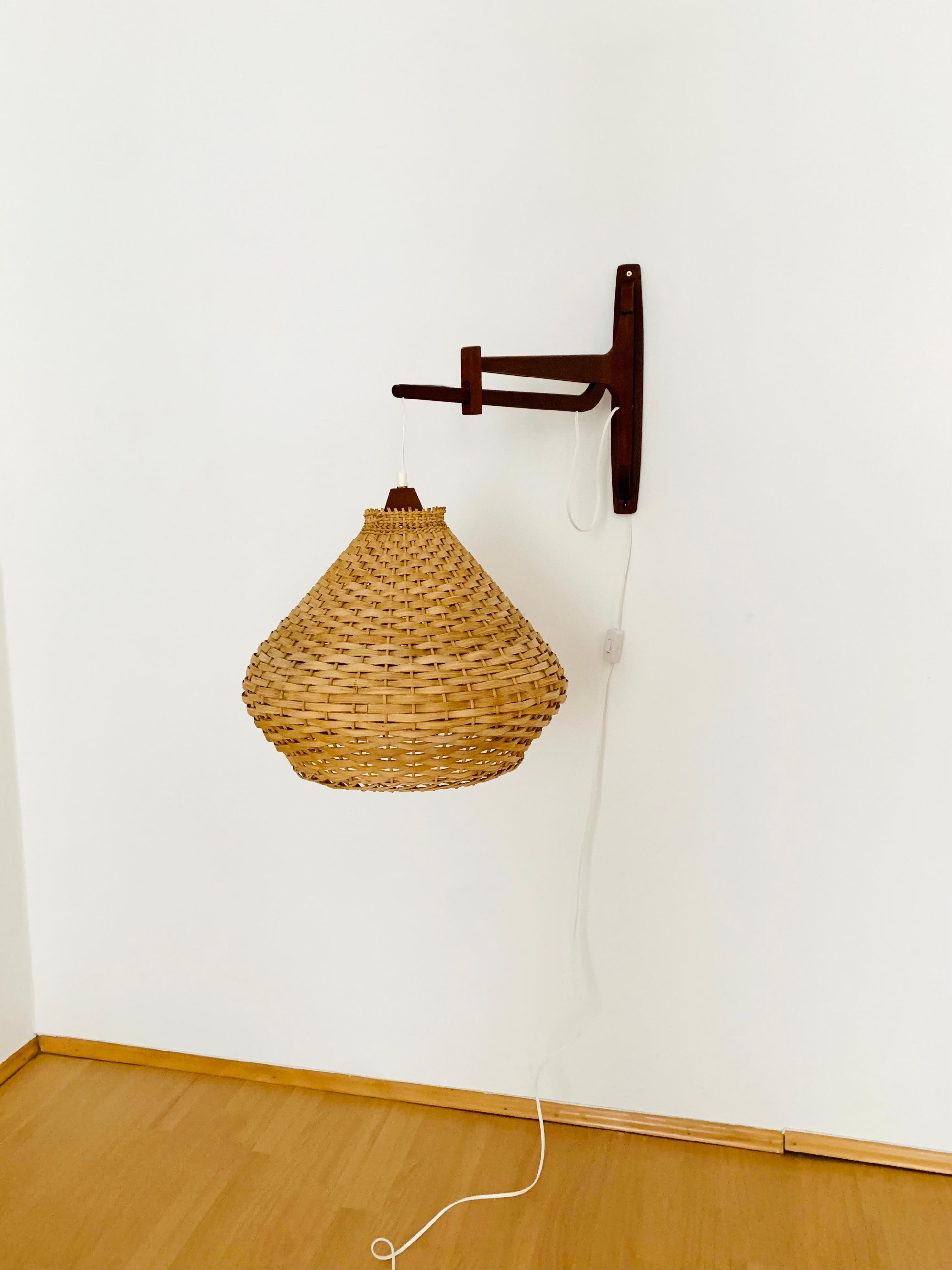 Danish Adjustable Teak and Wicker Wall Lamp For Sale