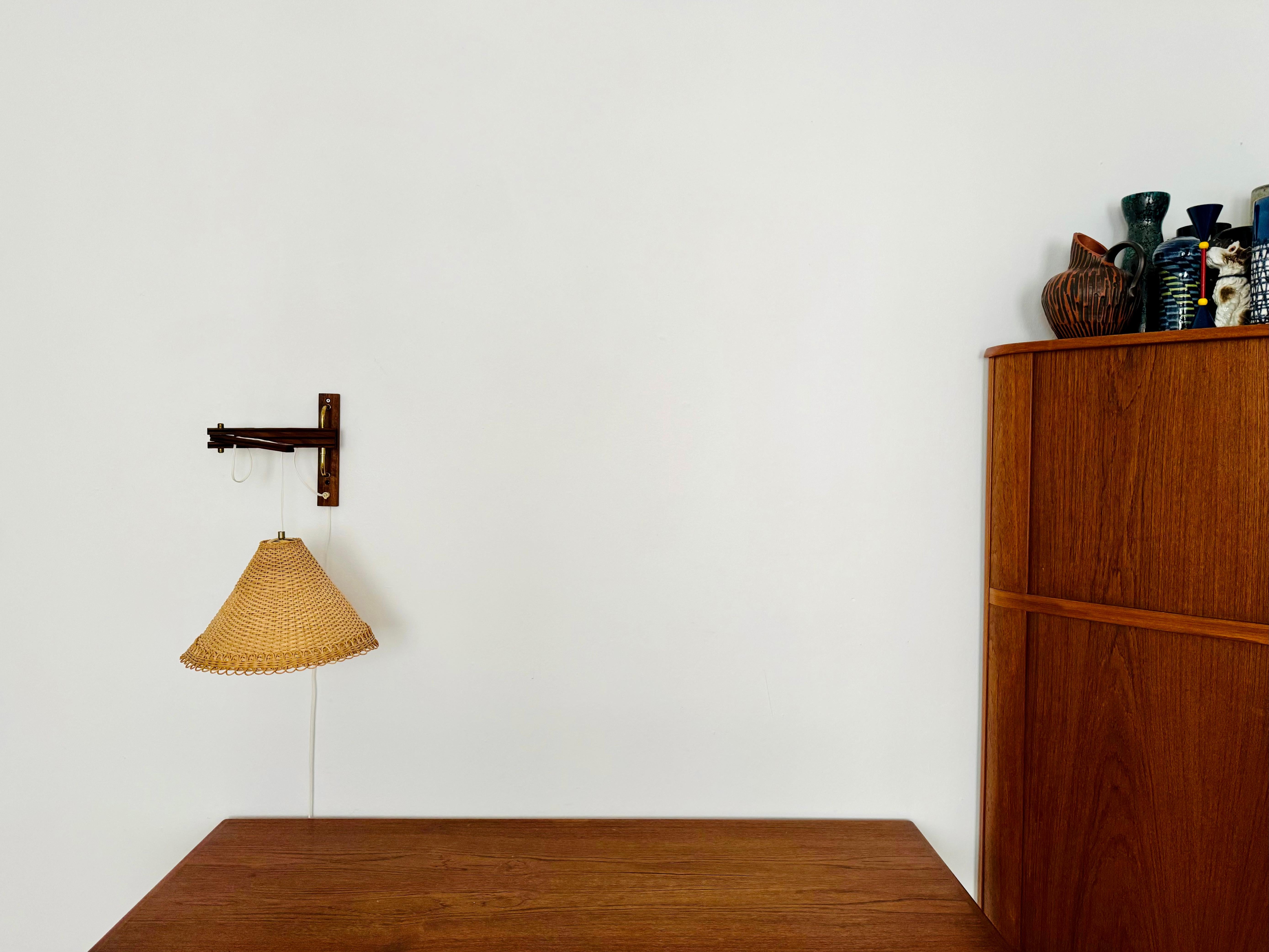 Danish Adjustable Teak and Wicker Wall Lamp For Sale