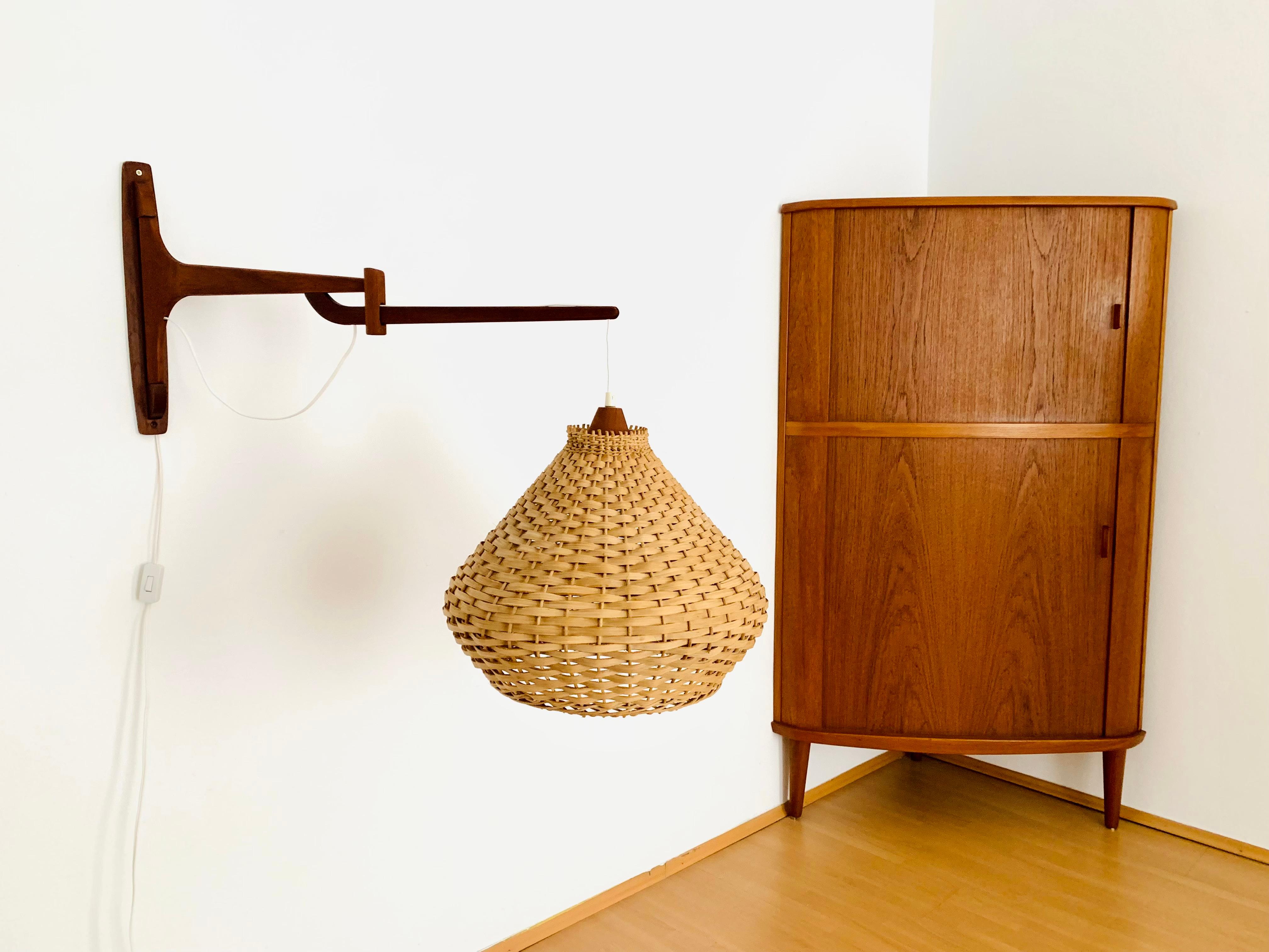 Mid-20th Century Adjustable Teak and Wicker Wall Lamp For Sale