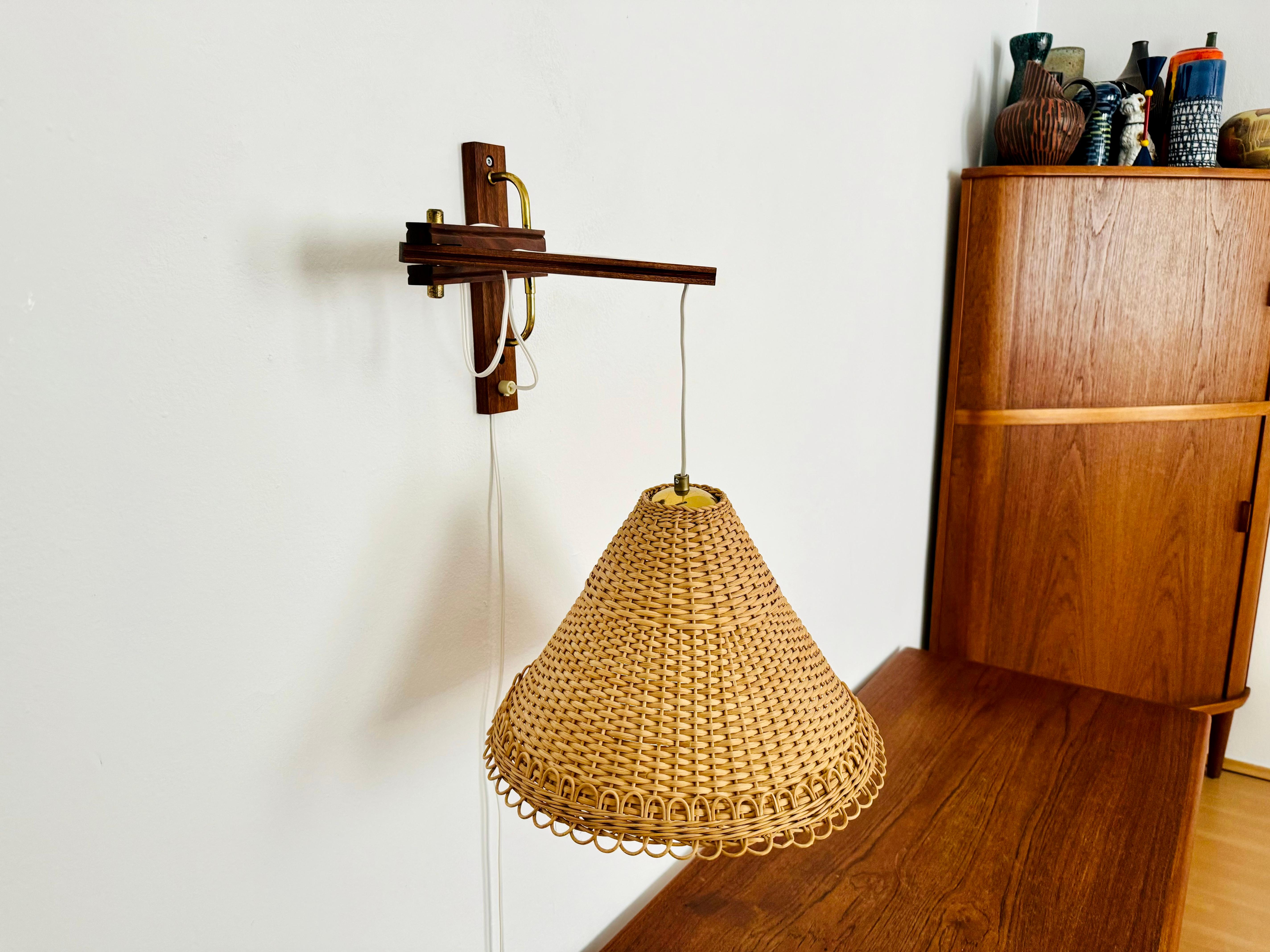 Mid-20th Century Adjustable Teak and Wicker Wall Lamp For Sale