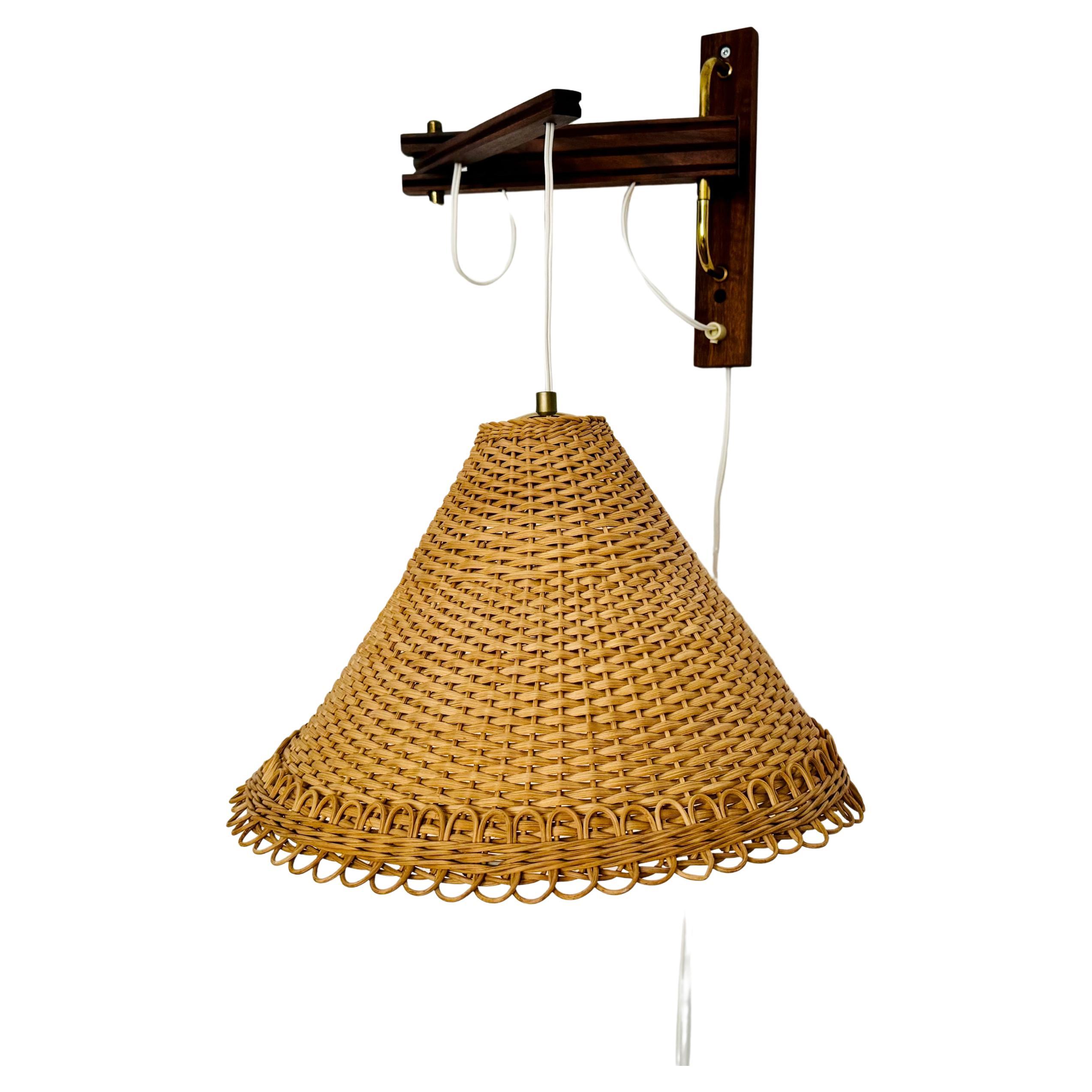Adjustable Teak and Wicker Wall Lamp