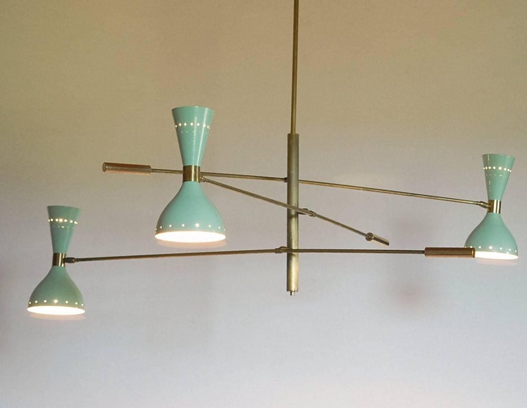 Adjustable Three-Arm Chandelier Brass Patinated Sage Green New Staggered Design For Sale 4