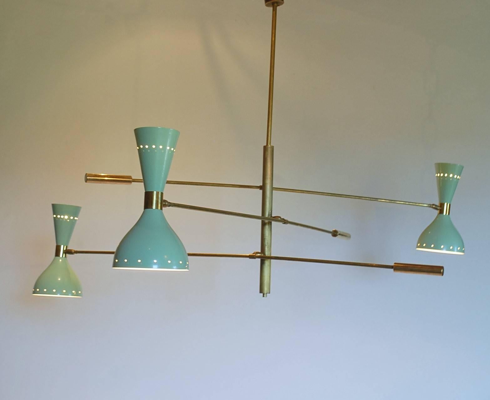 Adjustable Three-Arm Chandelier Brass Patinated Sage Green New Staggered Design For Sale 7