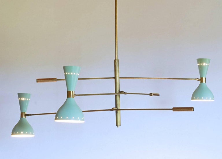 Adjustable Three-Arm Chandelier Brass Patinated Sage Green New Staggered Design For Sale 6
