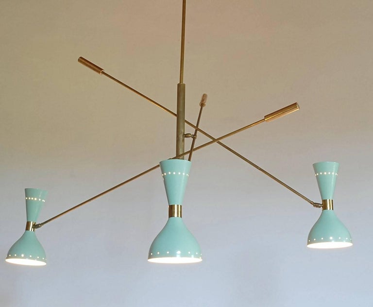 Adjustable Three-Arm Chandelier Brass Patinated Sage Green New Staggered Design For Sale 9