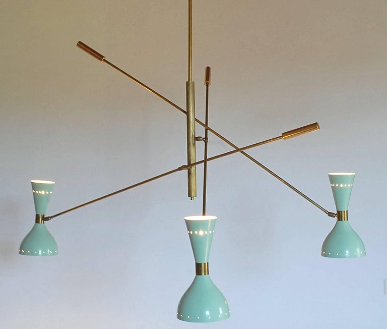 Adjustable Three-Arm Chandelier Brass Patinated Sage Green New Staggered Design For Sale 10