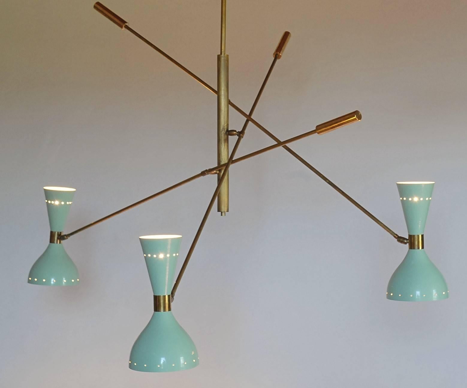 Adjustable Three-Arm Chandelier Brass Patinated Sage Green New Staggered Design For Sale 14