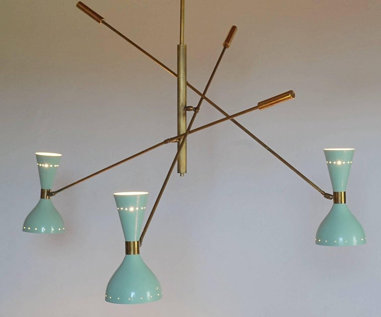 Adjustable Three-Arm Chandelier Brass Patinated Sage Green New Staggered Design For Sale 12