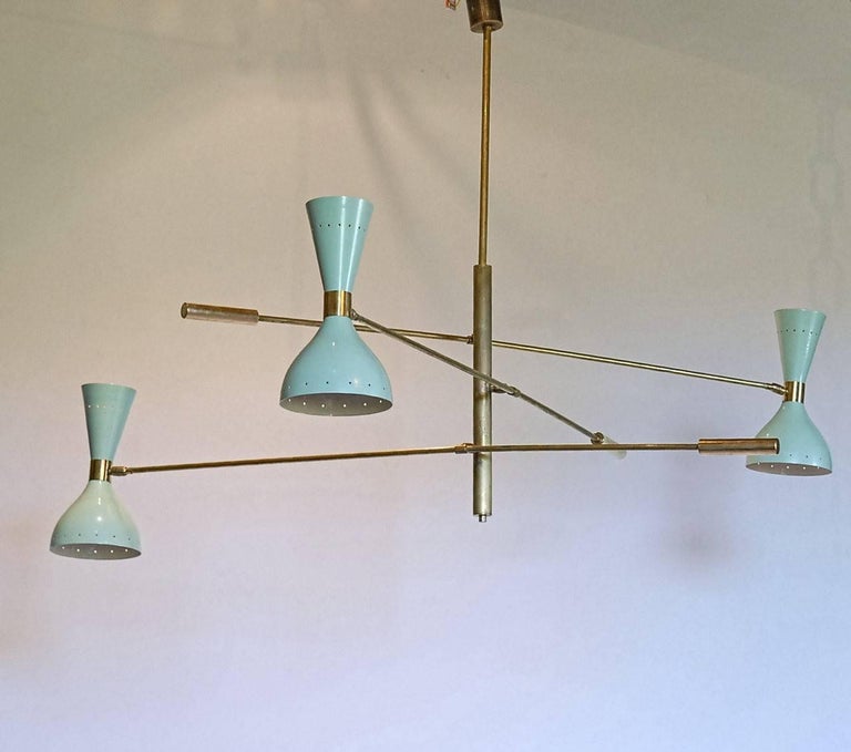 Italian Adjustable Three-Arm Chandelier Brass Patinated Sage Green New Staggered Design For Sale
