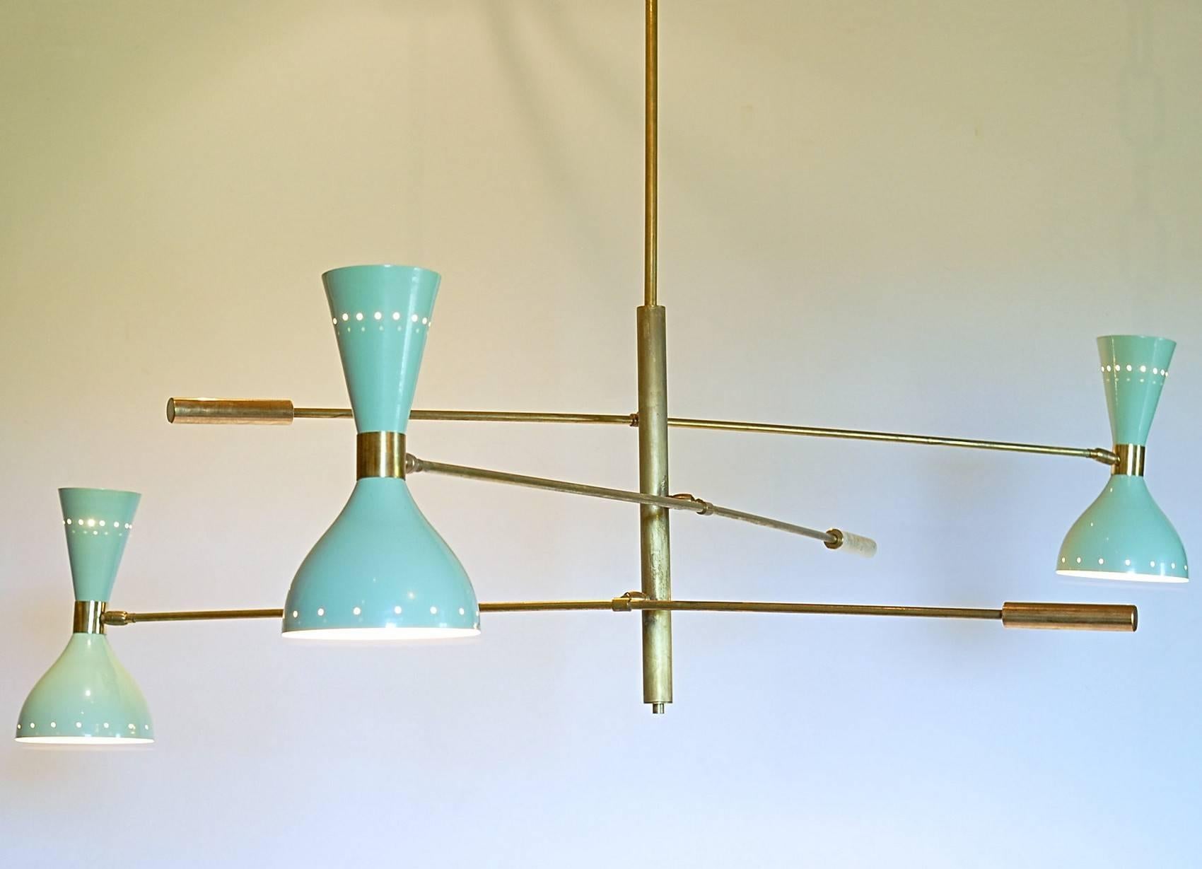 Contemporary Adjustable Three-Arm Chandelier Brass Patinated Sage Green New Staggered Design For Sale